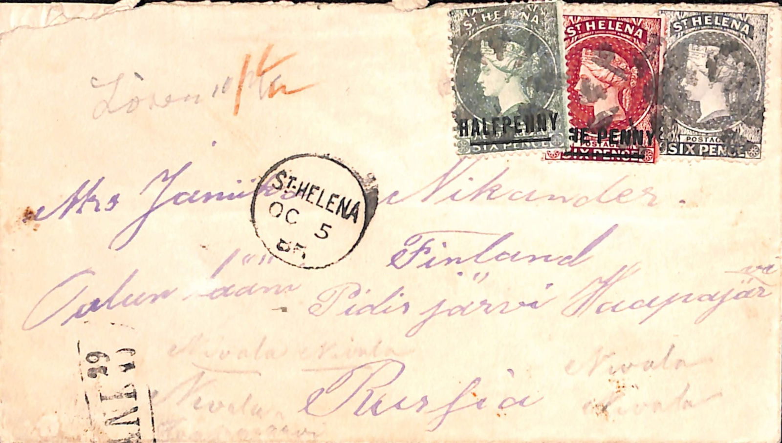 St. Helena 1885: Title: St. Helena 1885 Description: Cover to Finland, 7 1/2 postage paid by 1880 1d + 6d and 1884 1/2d, cork cancels (Proud K47), backstamped at London and Uleaborg with boxed postmans