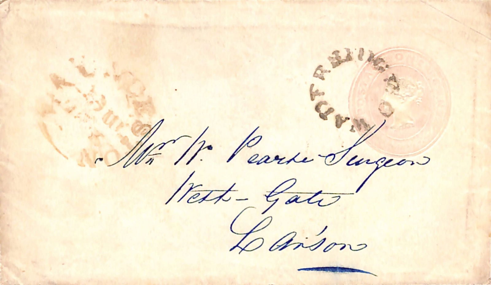 G.B. - Cornwall / Q.V. Postal Stationery c.1850: Title: G.B. - Cornwall / Q.V. Postal Stationery c.1850 Description: 1d pink postal stationery envelope to Launceston cancelled by "WADEBRIDGE/O" undated circle, very scarce as a cancellation. 