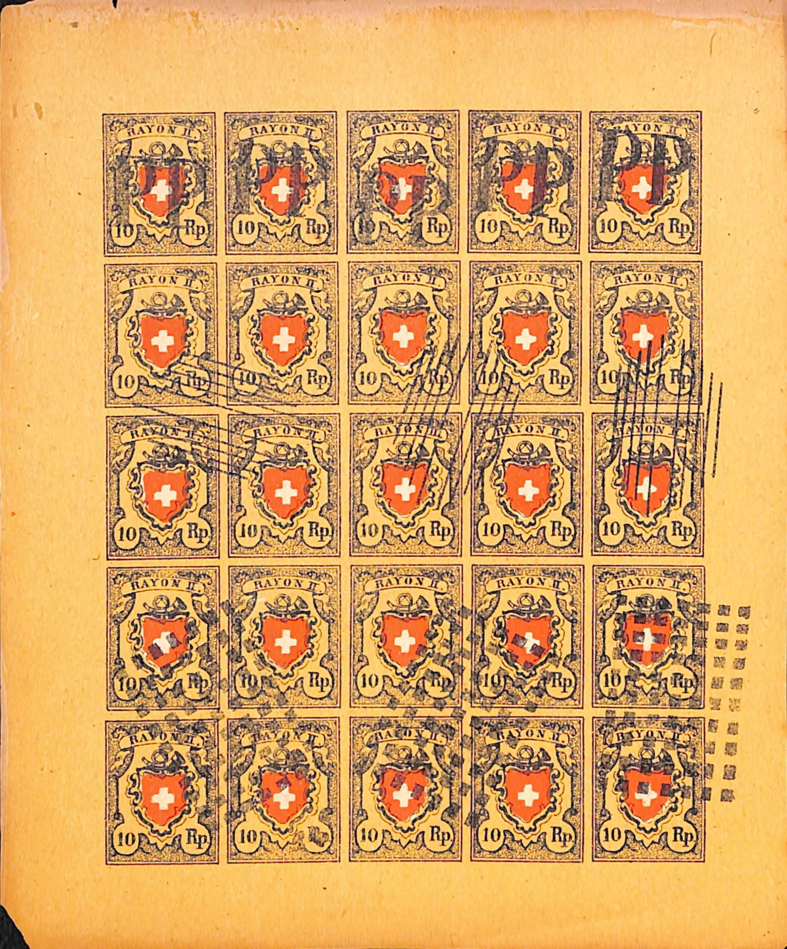 Switzerland - Spiro Forgeries 1850: Title: Switzerland - Spiro Forgeries 1850 Description: 10r "RAYON II" on yellow paper with unlined cross 'Setting I' in a complete sheet of 25 (5x5) 'used' with various 'cancels'. Delivery