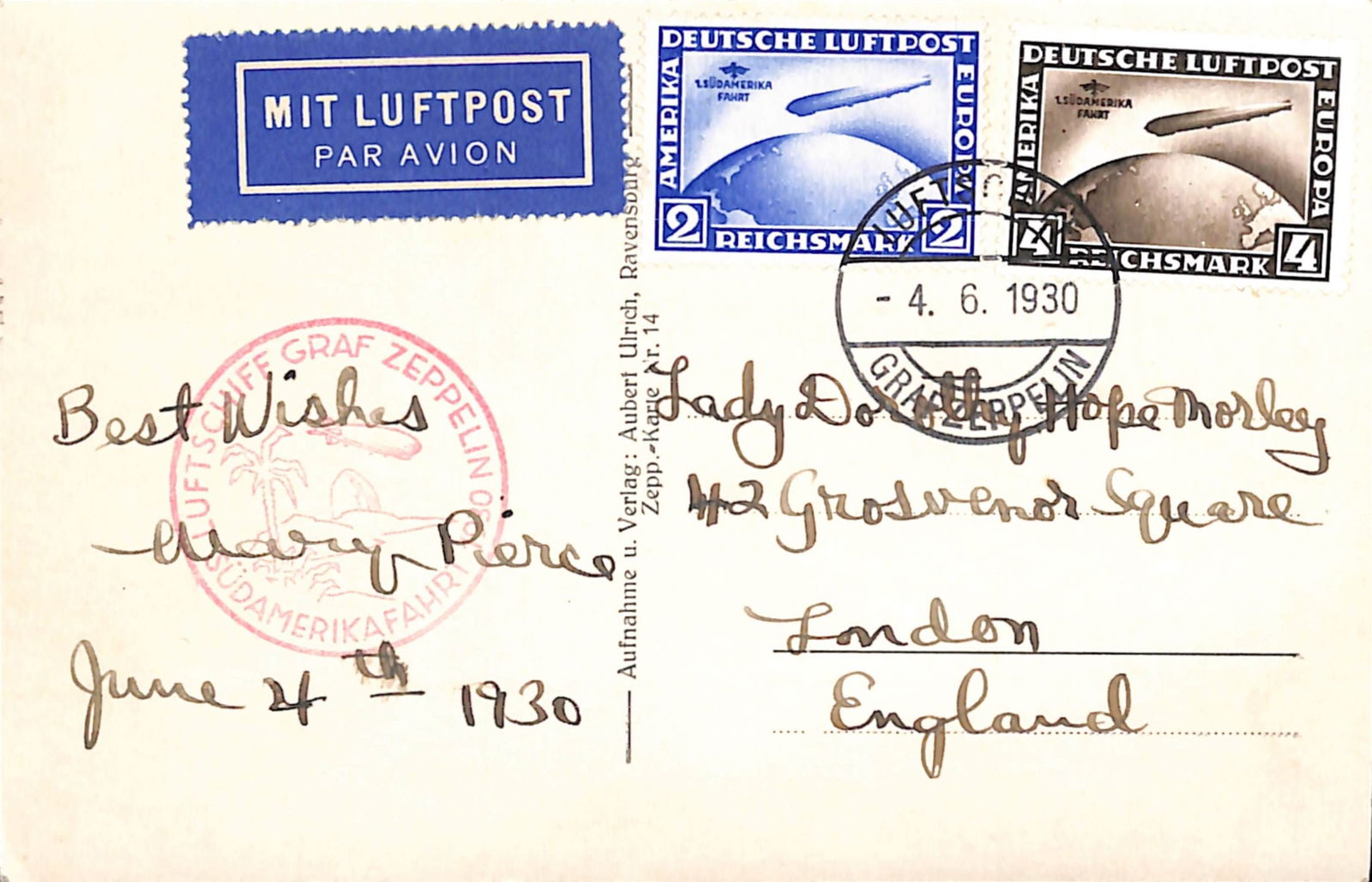 Zeppelin/Germany: Title: Zeppelin/Germany Description: 1930 First South American Flight 2m, 4m, affixed to real photo Post Card of Friedrichshafen Zeppelin Hangar, tied by Luftschiff Zeppelin c.d.s. (4 June)