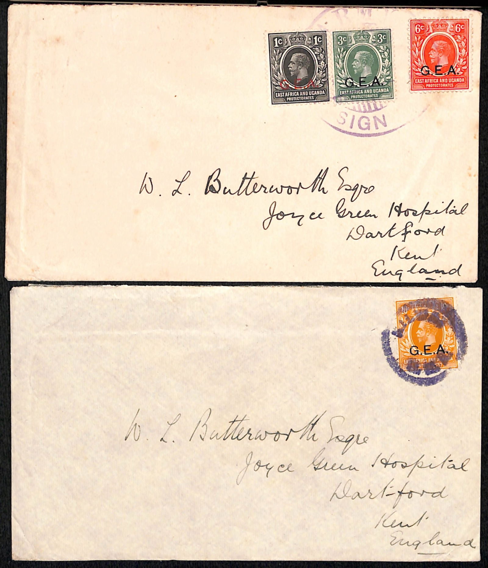 Tanganyika 1919: Title: Tanganyika 1919 Description: Covers from the same correspondence, both from Kilwa to England, one with G.E.A tied by undated worn "KILWA / G.E.A" cogwheel cancel in violet (Proud D1), the
