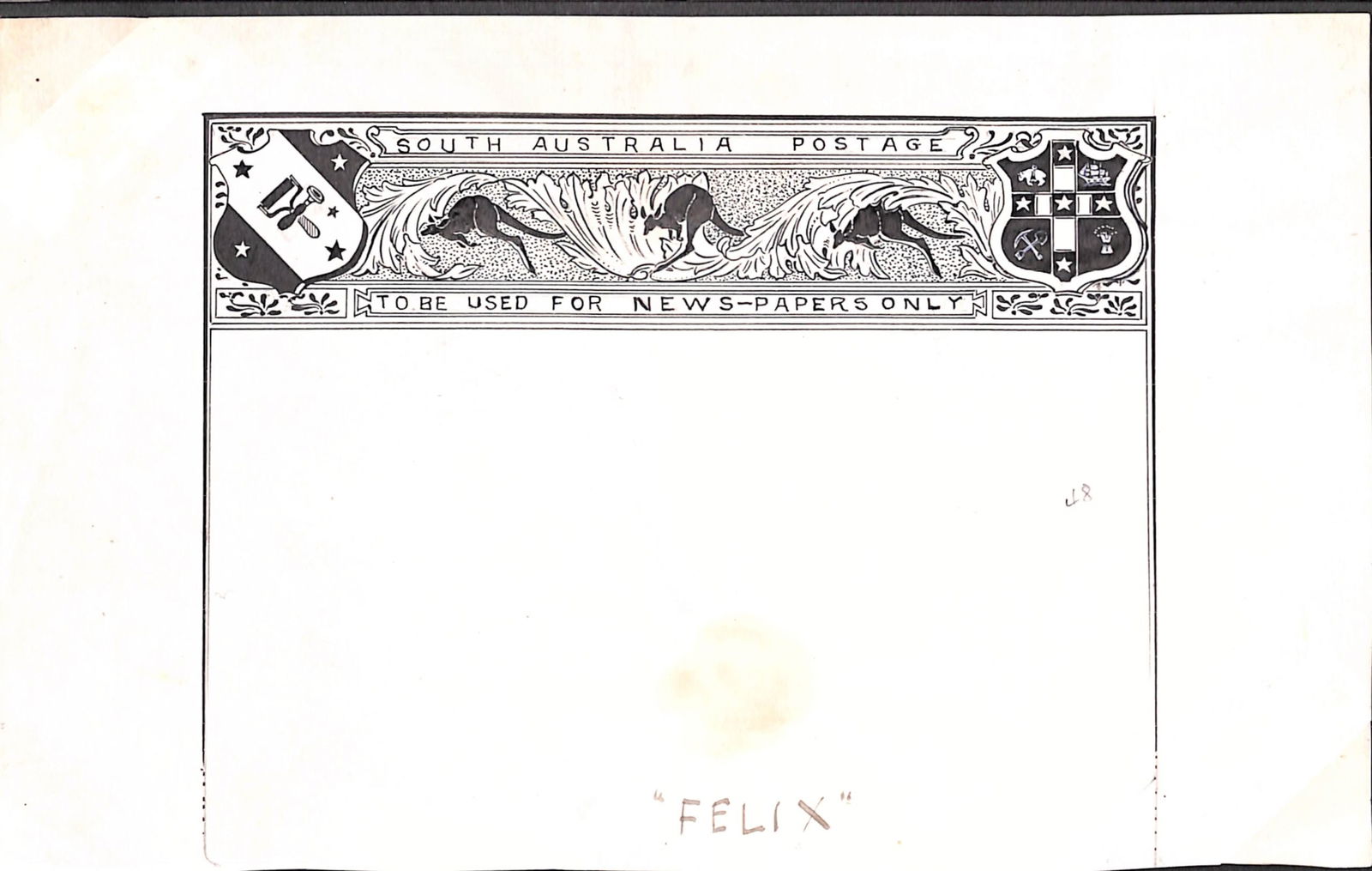 South Australia 1891-96: Title: South Australia 1891-96 Description: Competition Essays - Beautifully hand-drawn pen and ink design depicting jumping Kangaroos, endorsed "TO BE USED FOR NEWS-PAPERS ONLY", with