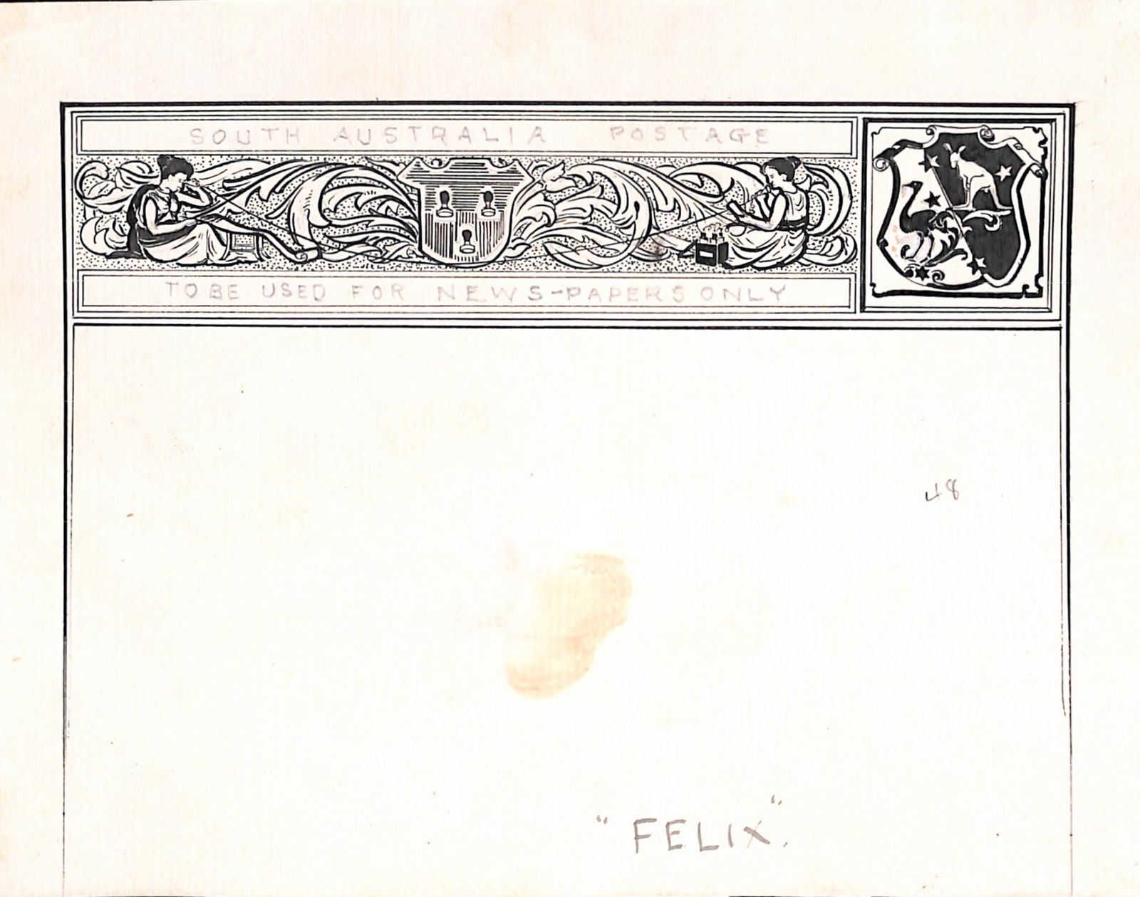 South Australia 1891-96: Title: South Australia 1891-96 Description: Competition Essays - Beautifully hand-drawn pink and ink design endorsed "TO BE USED FOR NEWS-PAPER ONLY", with nom-de-plume "FELIX". Delivery