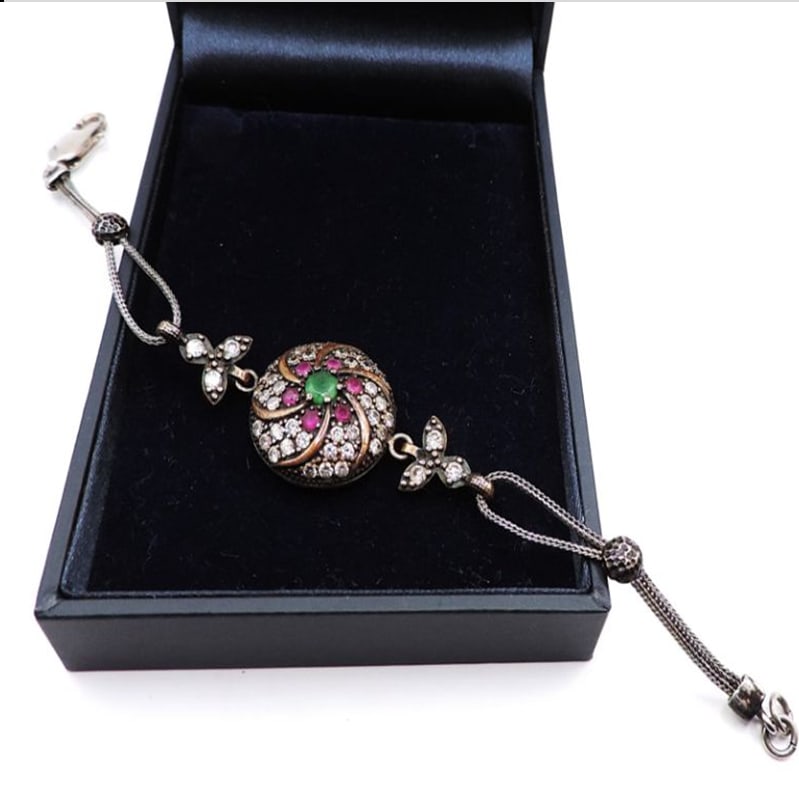 Vintage Artisan Ruby, Emerald & White Topaz Bracelet - 2