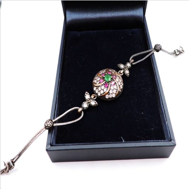 Vintage Artisan Ruby, Emerald & White Topaz Bracelet - 3