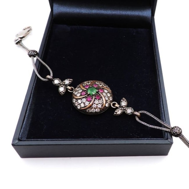 Vintage Artisan Ruby, Emerald & White Topaz Bracelet - 4