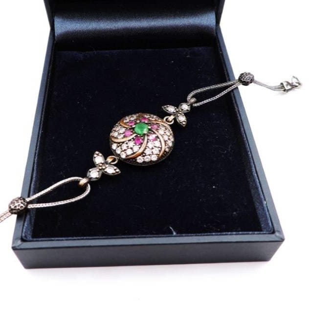 Vintage Artisan Ruby, Emerald & White Topaz Bracelet - 5