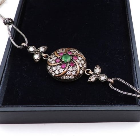 Vintage Artisan Ruby, Emerald & White Topaz Bracelet - 6