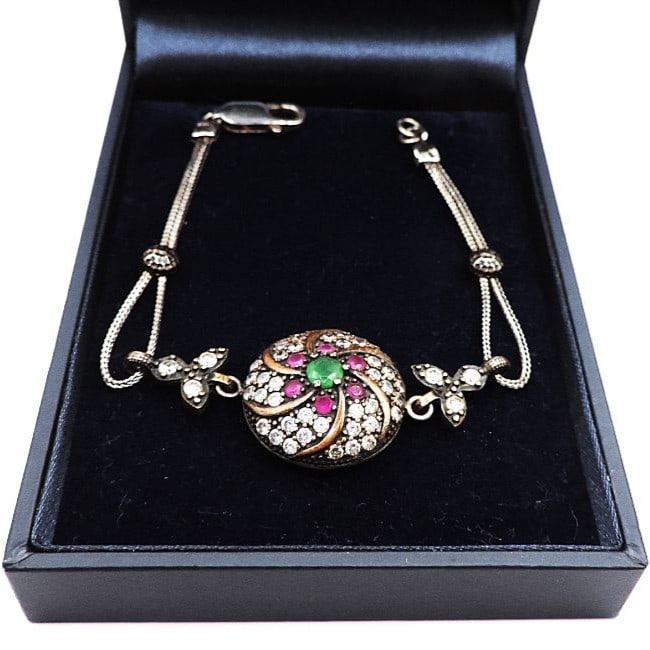 Vintage Artisan Ruby, Emerald & White Topaz Bracelet - 8