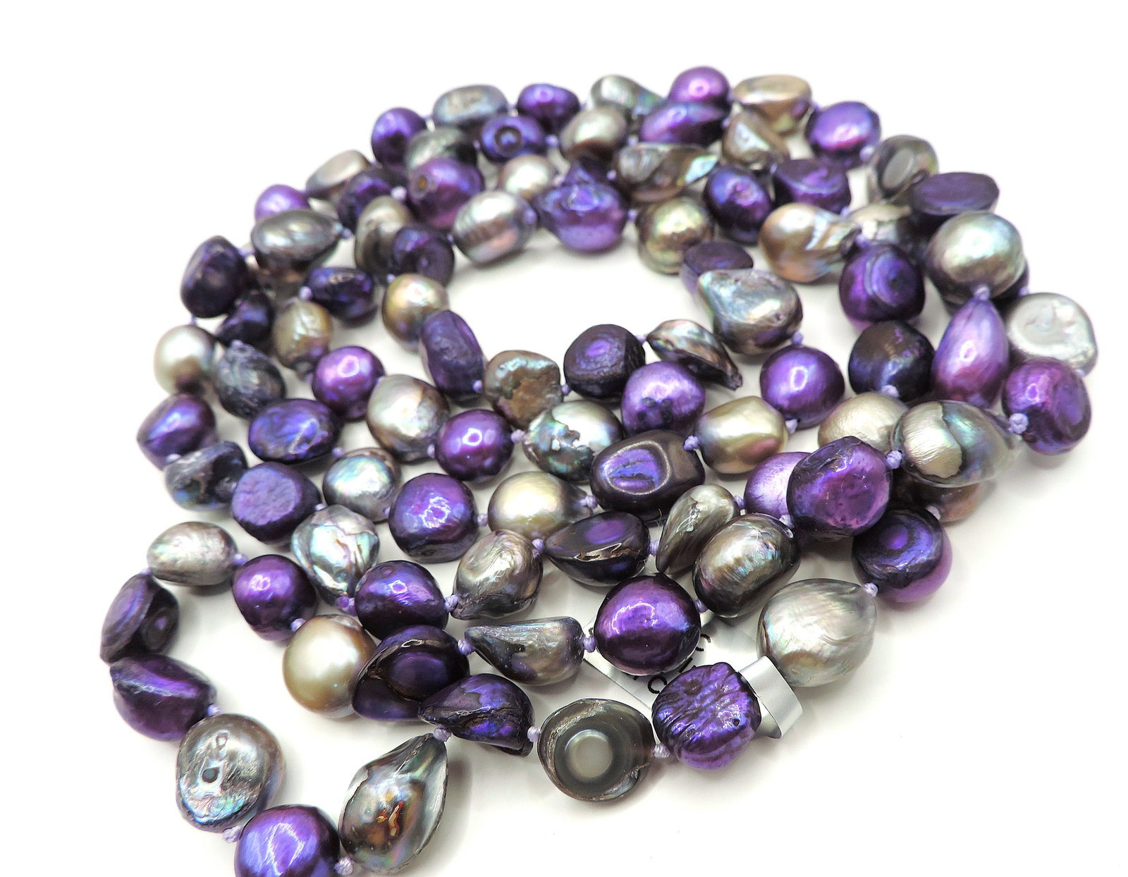 Single Strand 48 inch Silver & Purple Freshwater Cultured Pearl Necklace New With Gift Pouch - 3