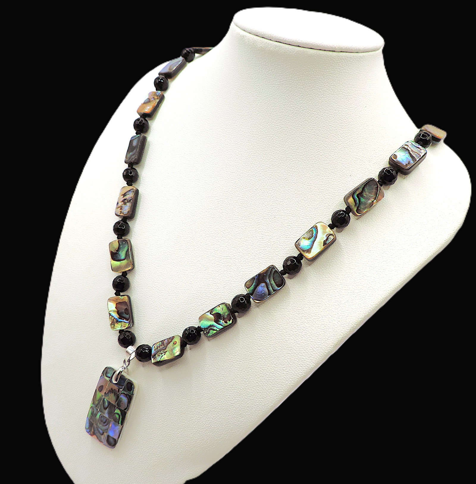 Paua & Black Agate Sterling Silver Necklace New With Gift Pouch - 2