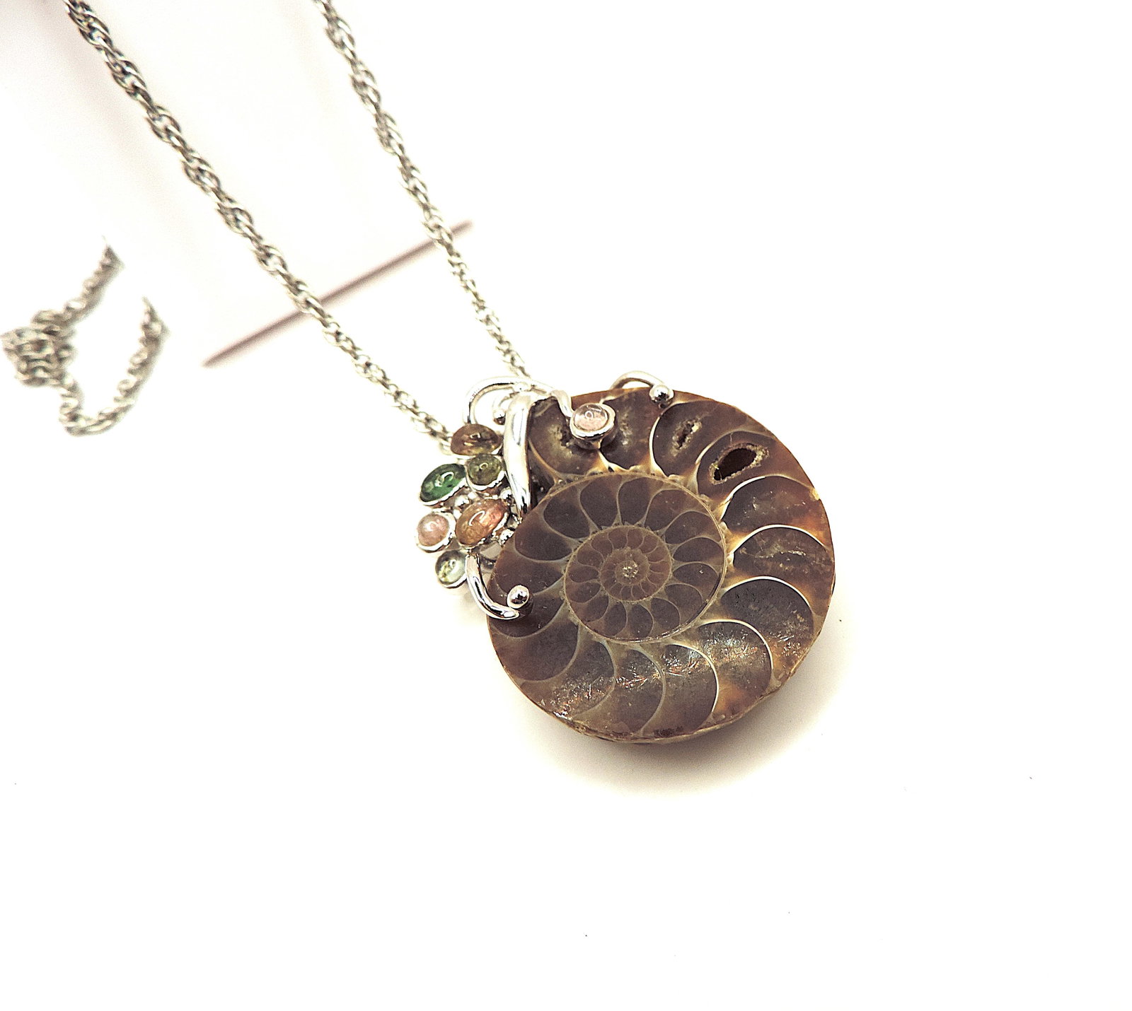 Artisan 925 Sterling Silver Fossilised Ammonite & Tourmaline Pendant Necklace - 3