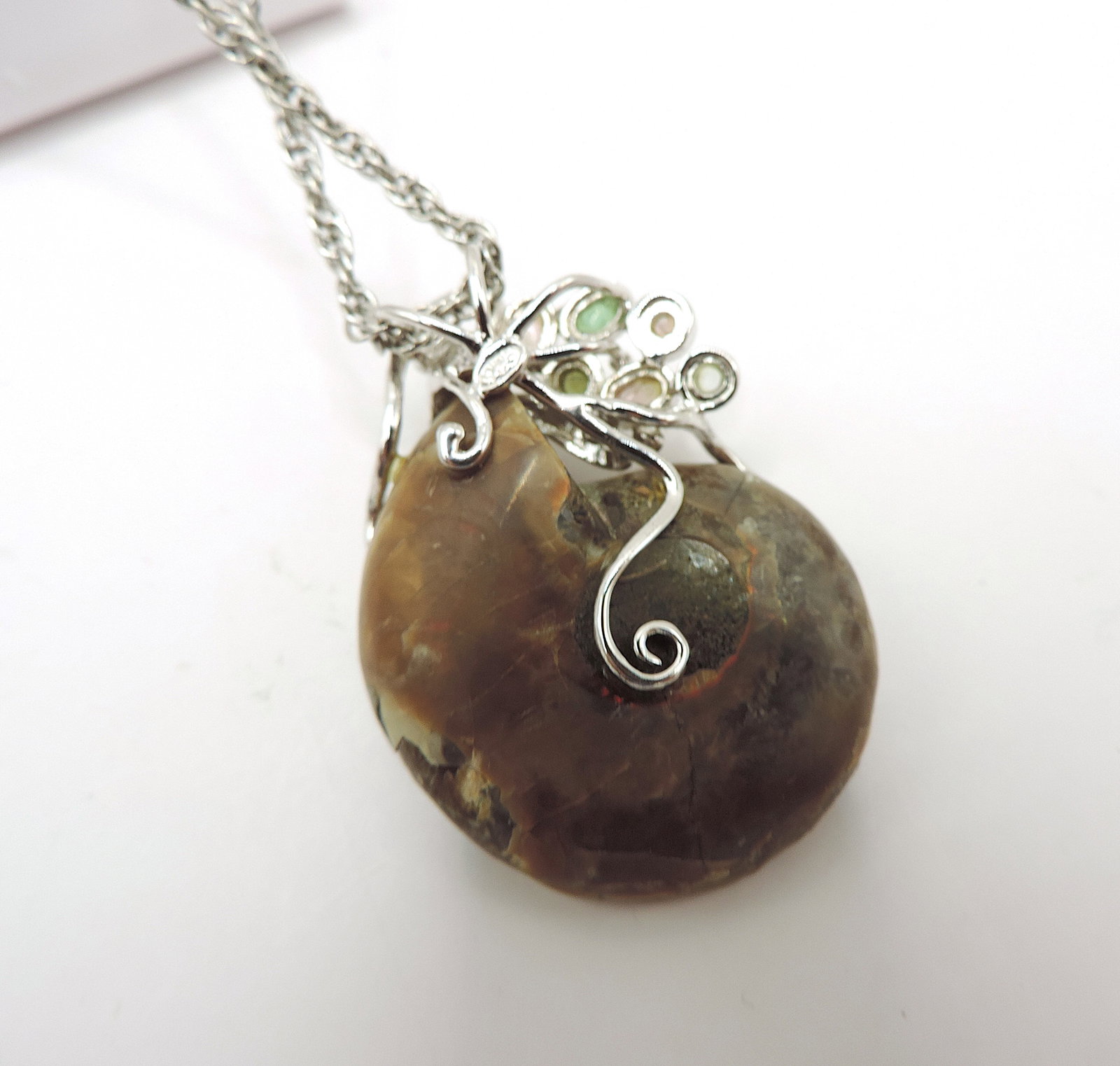 Artisan 925 Sterling Silver Fossilised Ammonite & Tourmaline Pendant Necklace - 4