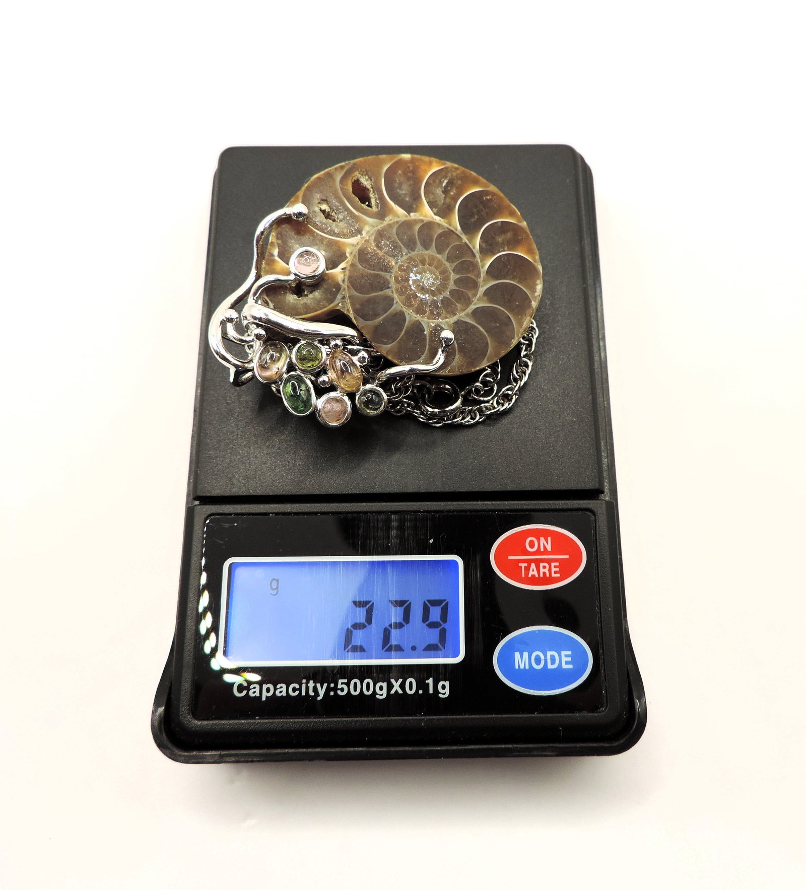 Artisan 925 Sterling Silver Fossilised Ammonite & Tourmaline Pendant Necklace - 5