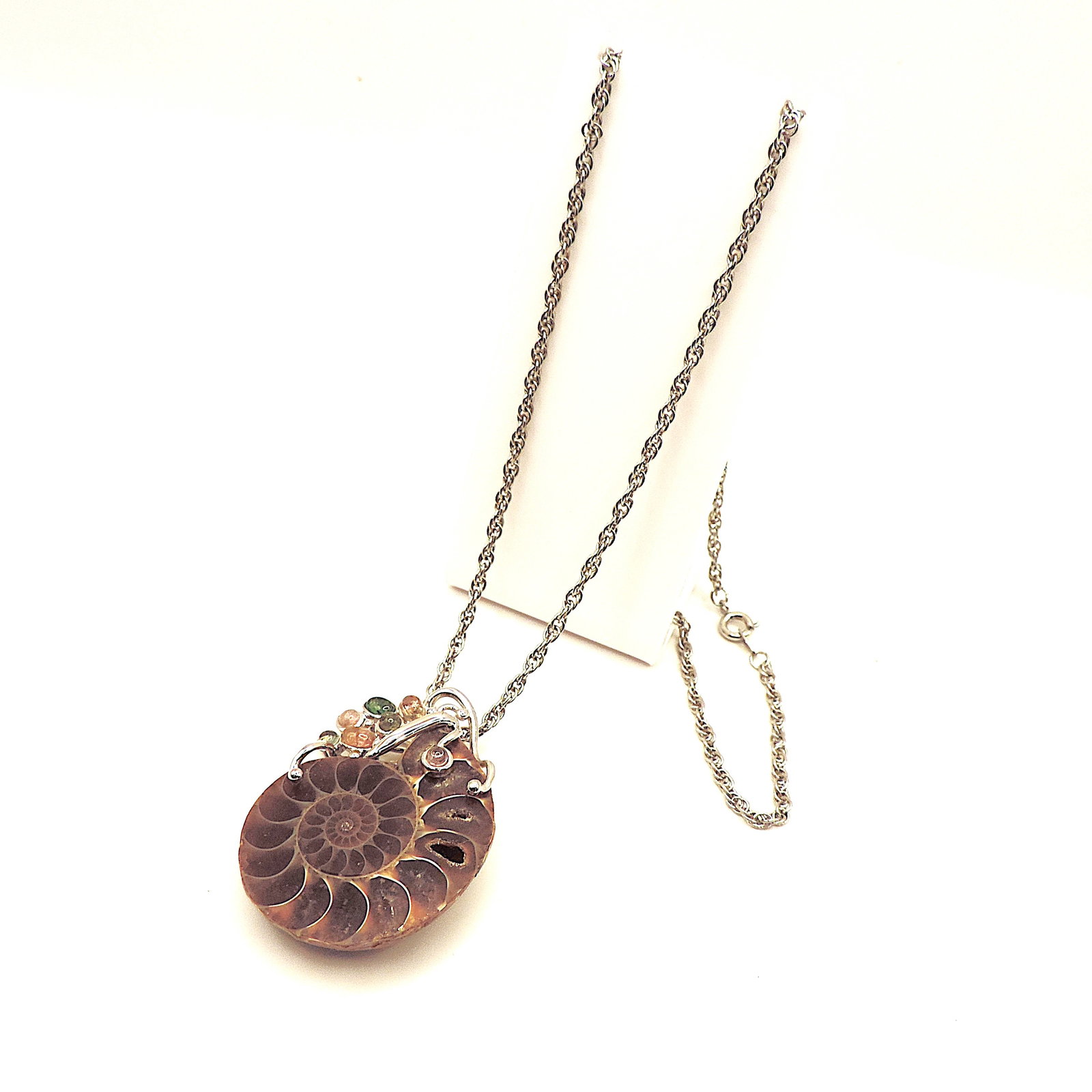 Artisan 925 Sterling Silver Fossilised Ammonite & Tourmaline Pendant Necklace - 6