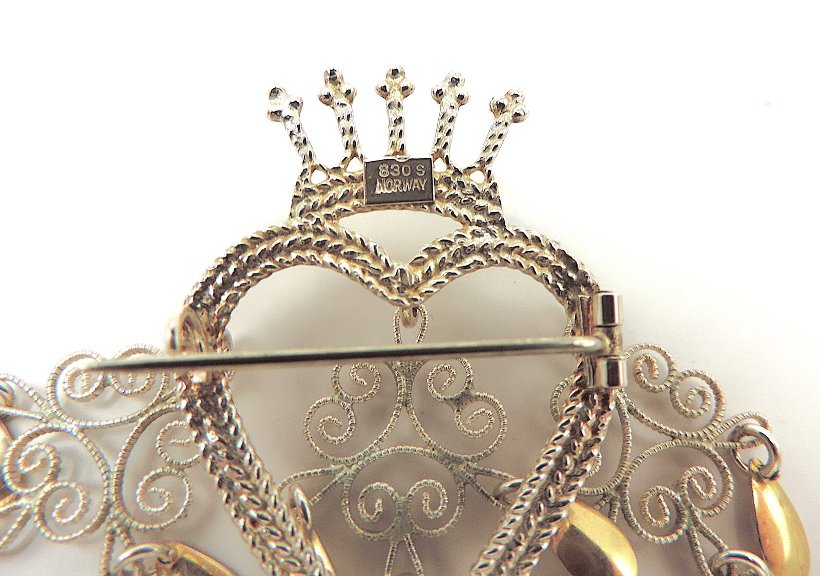 Vintage Norwegian 830S Silver Heart Crown Brooch - 5