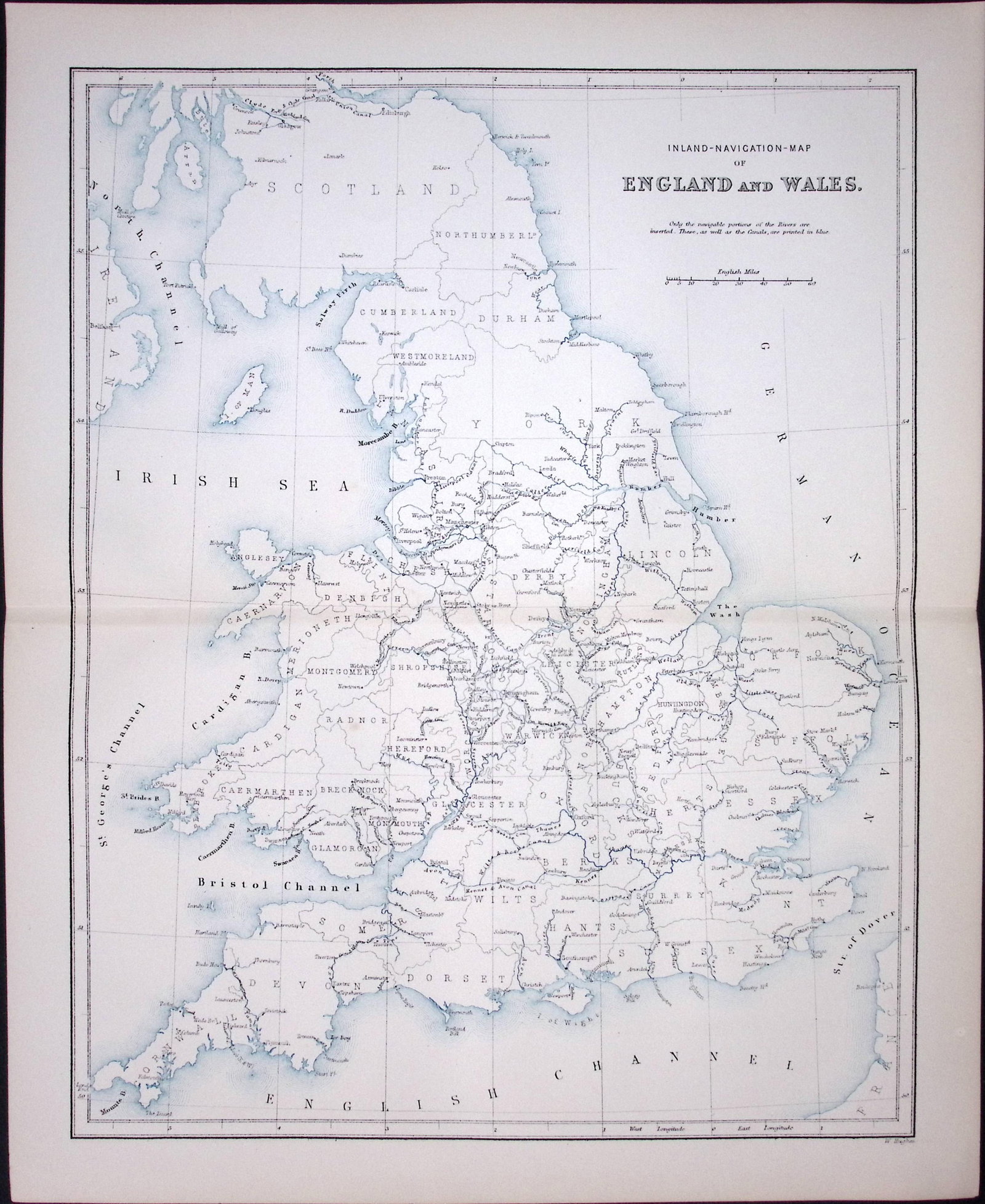 England & Wales Navigation 150 Years-Old Coloured Antique 1875 Map-19 (1 of 2)