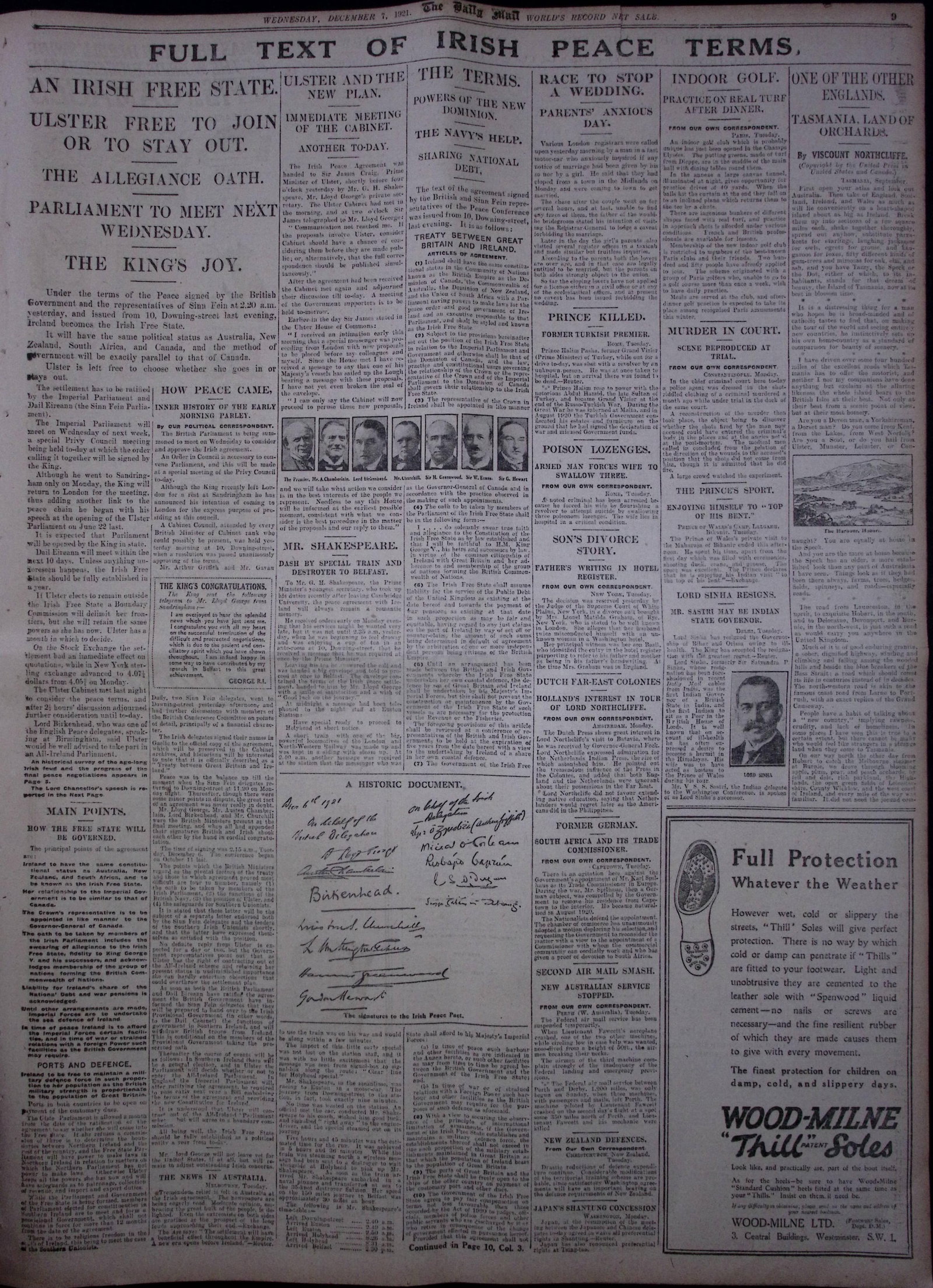 Ireland Peace Treaty Michael Collins Signed Agreement Rare Complete 1921 Newspaper - 4