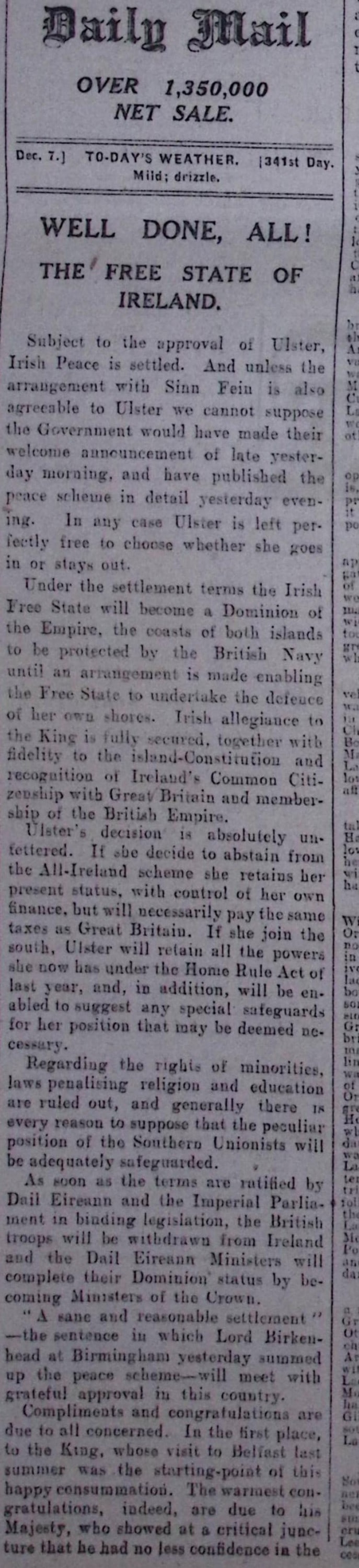 Ireland Peace Treaty Michael Collins Signed Agreement Rare Complete 1921 Newspaper - 5