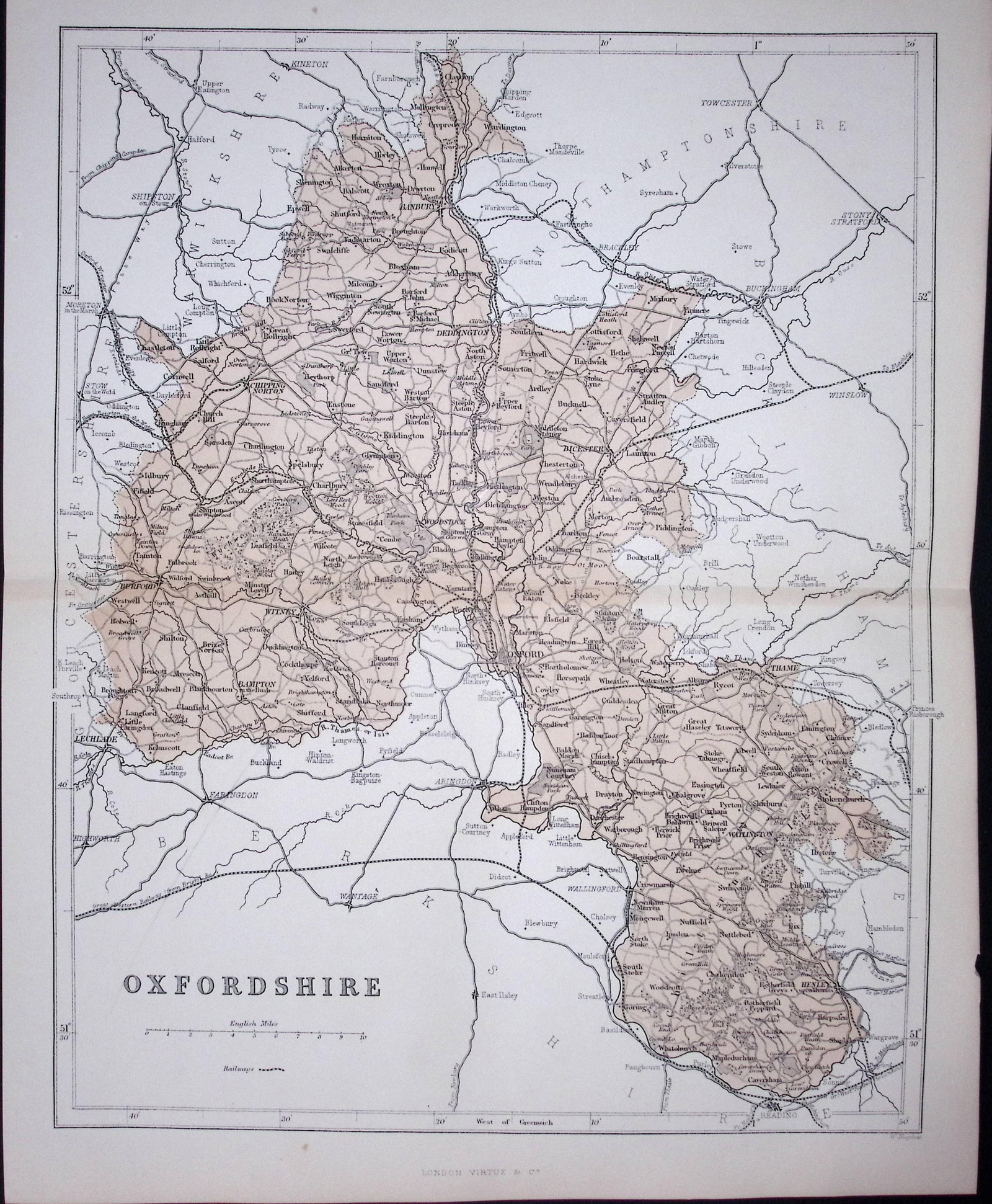 Oxfordshire 150 Years-Old 1875 Coloured Detailed Antique 1875 Map-56: Title: Oxfordshire 150 Years-Old 1875 Coloured Detailed Antique 1875 Map-56 Description: This 150 Years-Old Coloured Antique Map Was Removed from an Edition of. The National Gazetteer of