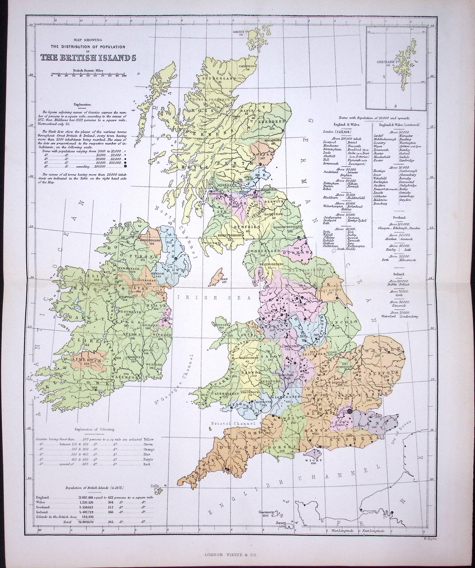 The British Islands Population 150 Years-Old Coloured Antique 1875 Map-20 (1 of 2)