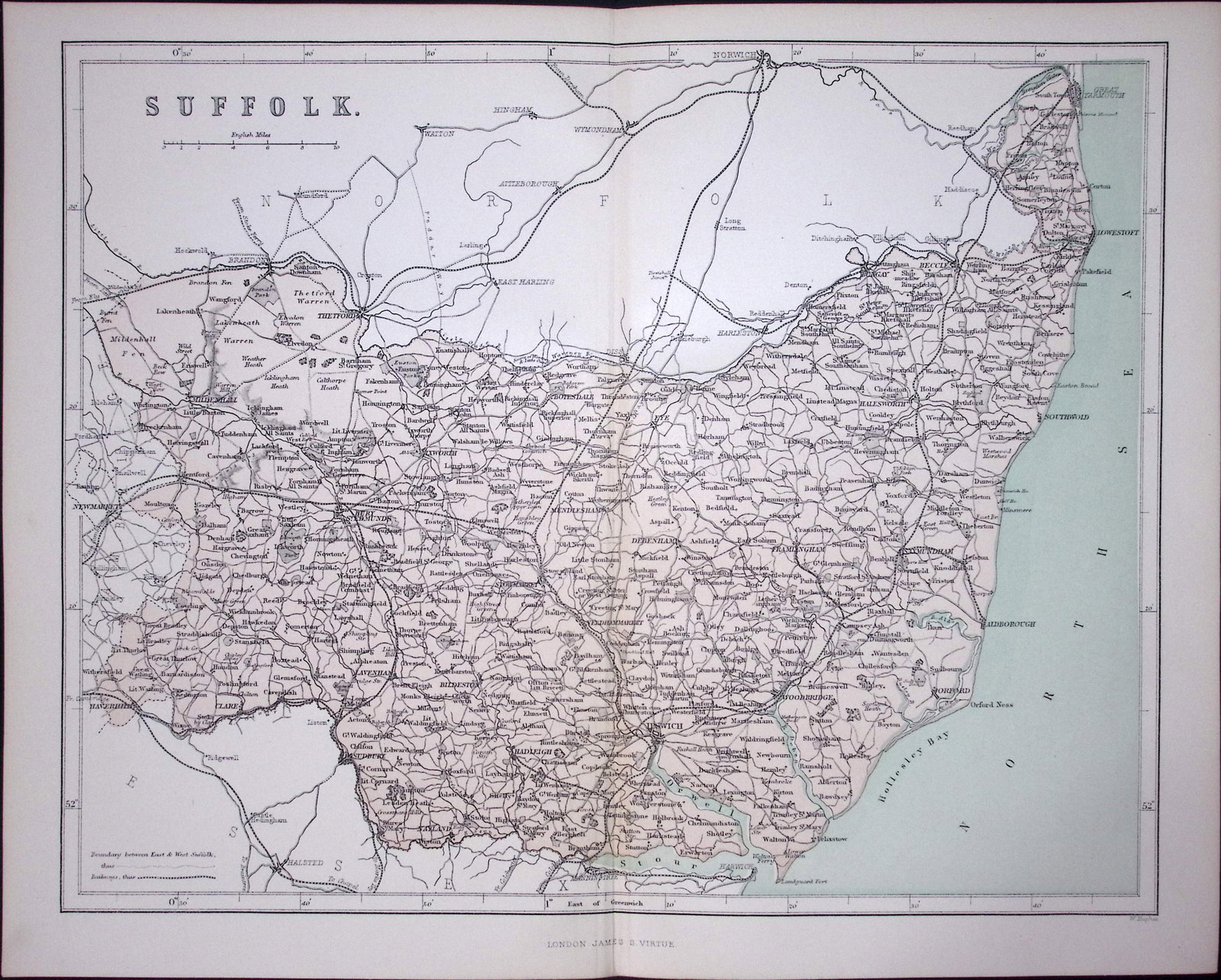 County Suffolk 150 Years-Old 1875 Coloured Detailed Antique 1875 Map-61: Title: County Suffolk 150 Years-Old 1875 Coloured Detailed Antique 1875 Map-61 Description: This 150 Years-Old Coloured Antique Map Was Removed from an Edition of. The National Gazetteer