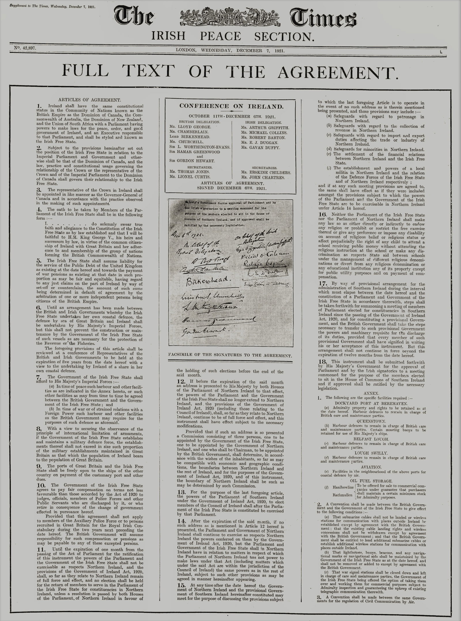 Ireland Peace Treaty, Michael Collins Agreed & Signed 1921 Irish War of Independence Rare Newspap... - 2