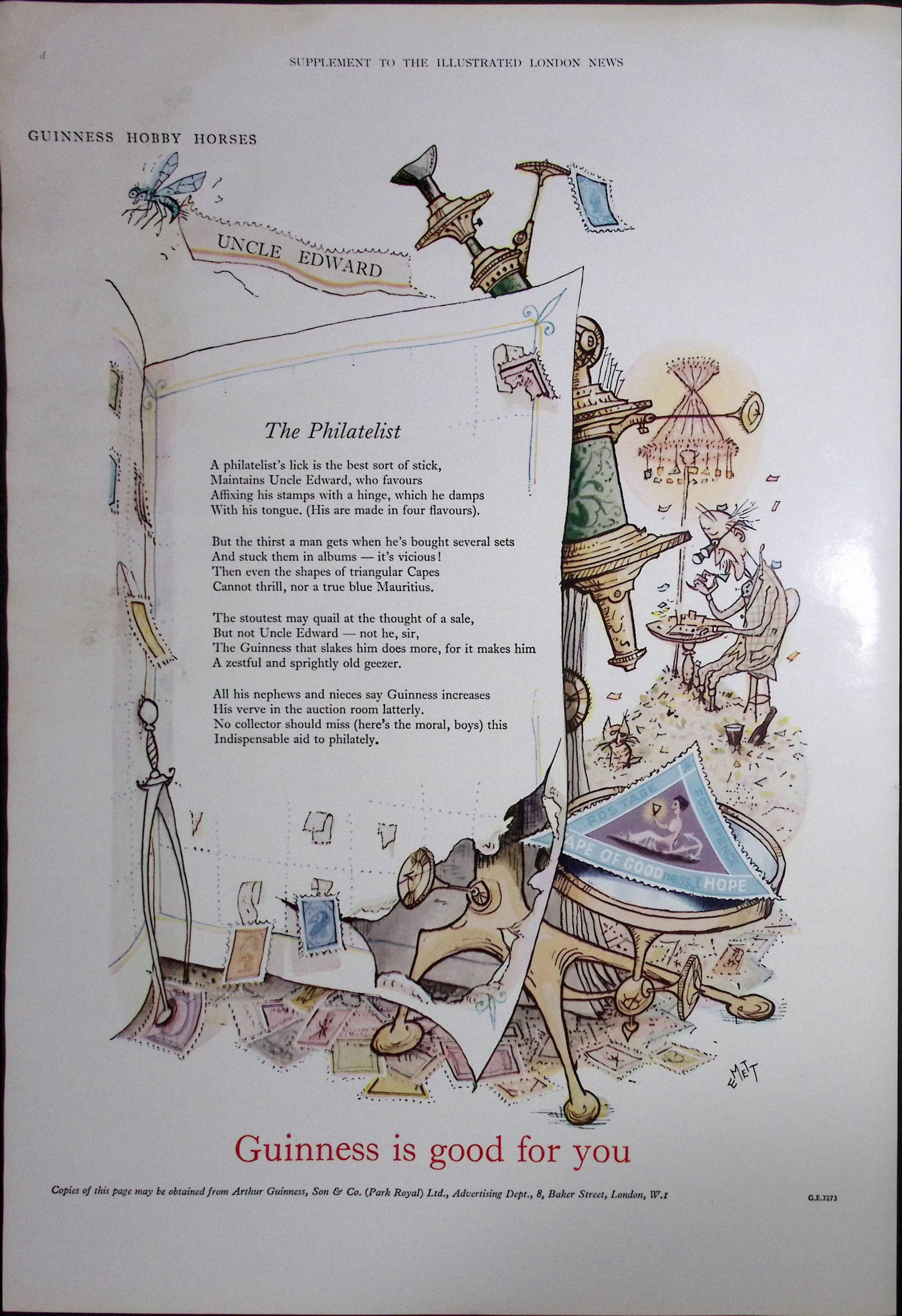 Guinness The Philatelist 1960 Original 66 Years-Old Print -GE 3273. (1 of 1)