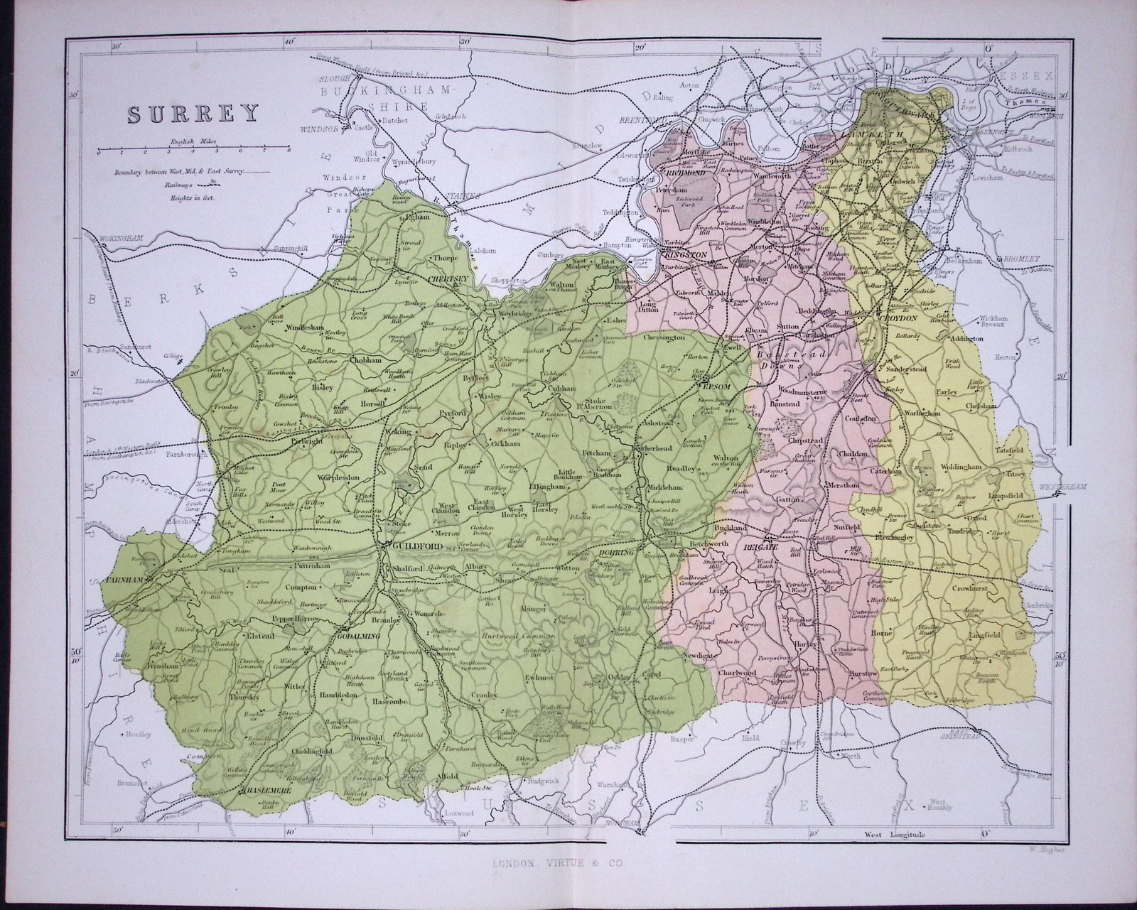 County Surrey 150 Years-Old Coloured Antique 1875 Map-64: Title: County Surrey 150 Years-Old Coloured Antique 1875 Map-64 Description: This 150 Years-Old Coloured Antique Map Was Removed from an Edition of. The Nati