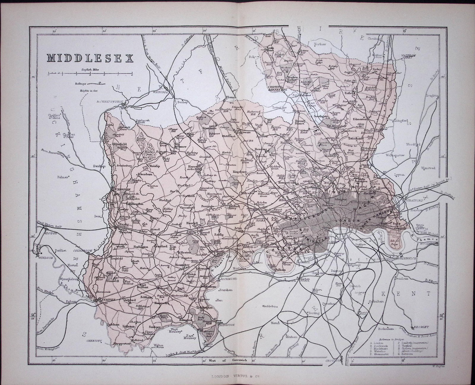 Middlesex & London 150 Years-Old 1875 Coloured Detailed Antique 1875 Map-62: Title: Middlesex & London 150 Years-Old 1875 Coloured Detailed Antique 1875 Map-62 Description: This 150 Years-Old Coloured Antique Map Was Removed from an Edition of. <