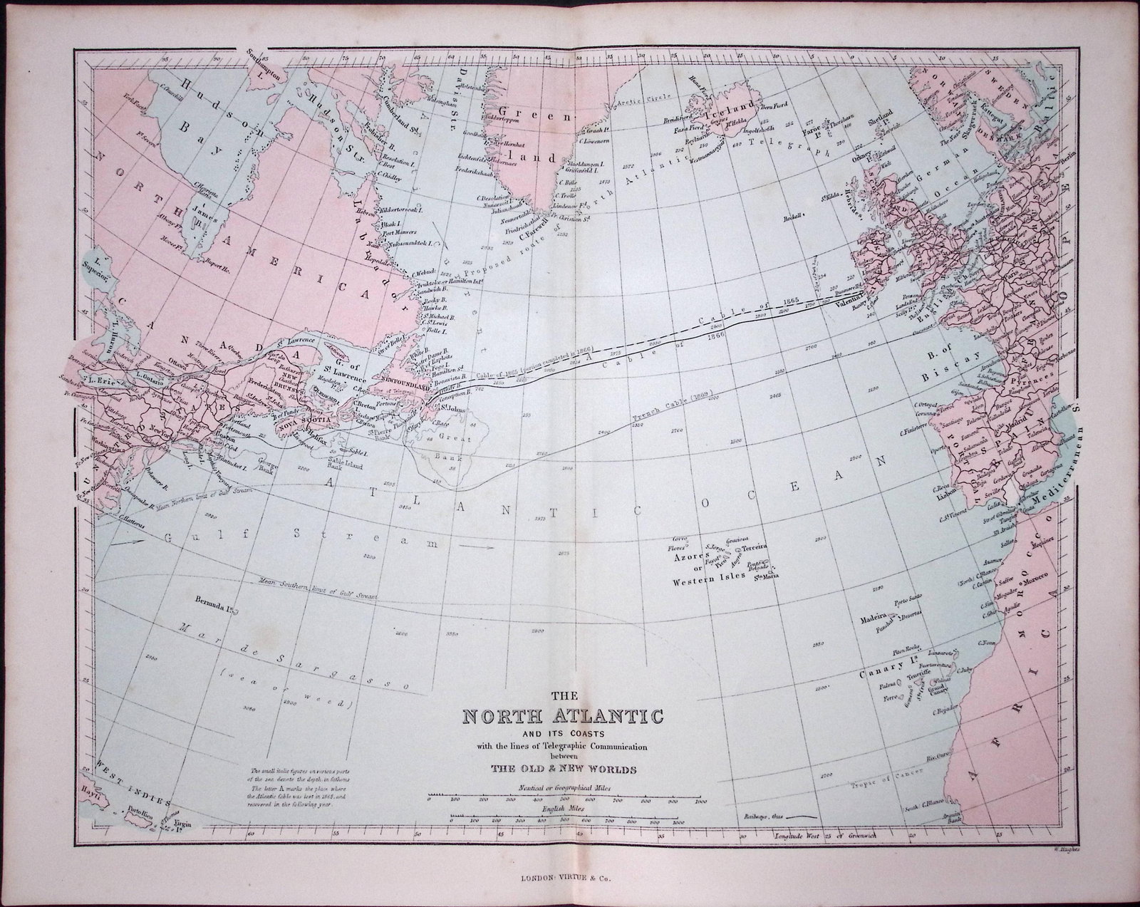 North Atlantic And Its Coasts 150 Years-Old Coloured Antique 1875 Map-21: Title: North Atlantic And Its Coasts 150 Years-Old Coloured Antique 1875 Map-21 Description: This 150 Years-Old Coloured Antique Map Was Removed from an Edition of. The