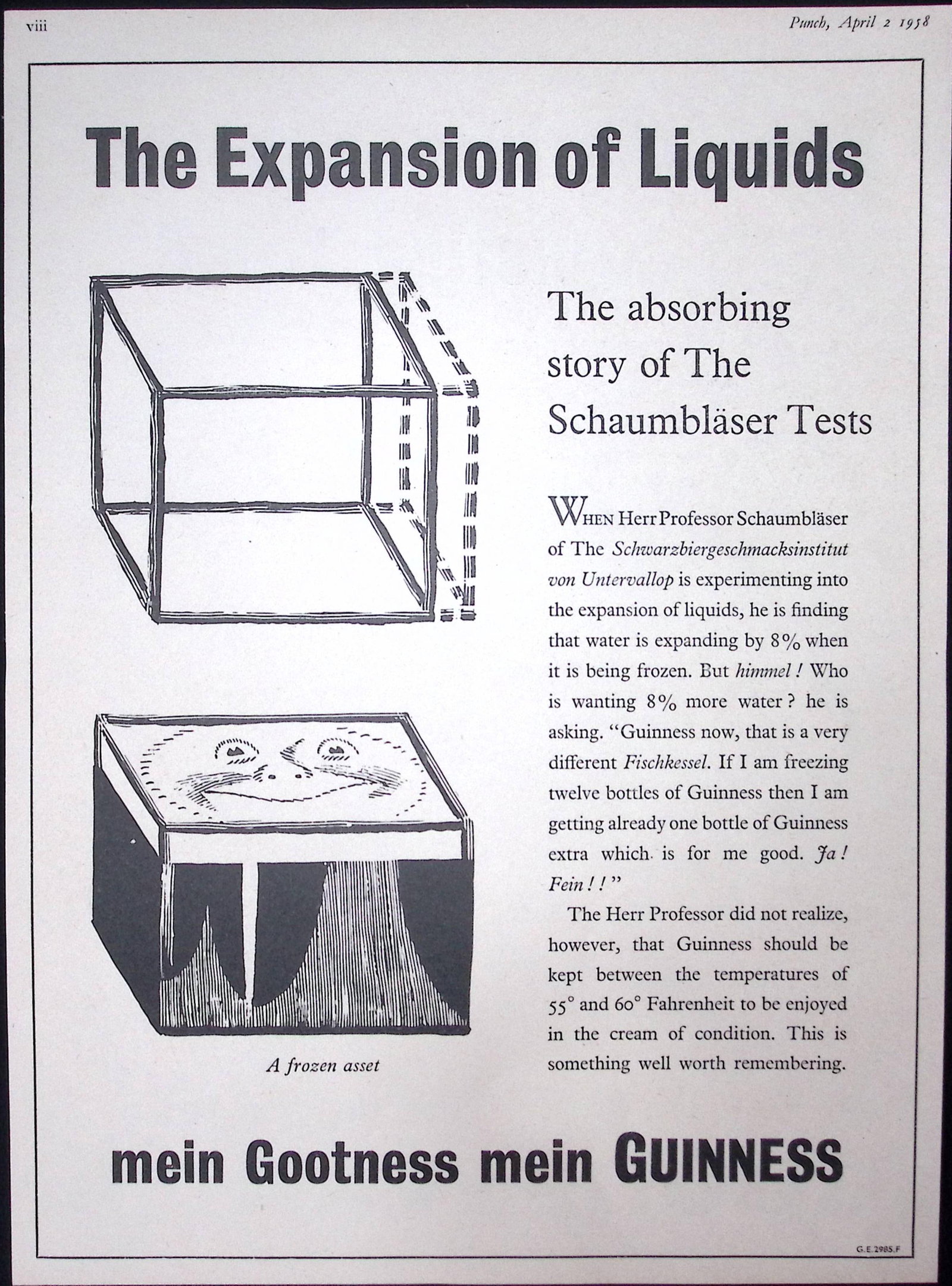 Guinness 68 Years-Old Advert 1958 Expansion of Liquids Print: G.E.2985-F.: Title: Guinness 68 Years-Old Advert 1958 Expansion of Liquids Print: G.E.2985-F. Description: Guinness 68 Years-Old Advert 1958 Expansion of Liquids Print: G.E.2985-F. Measures approx. Size 11