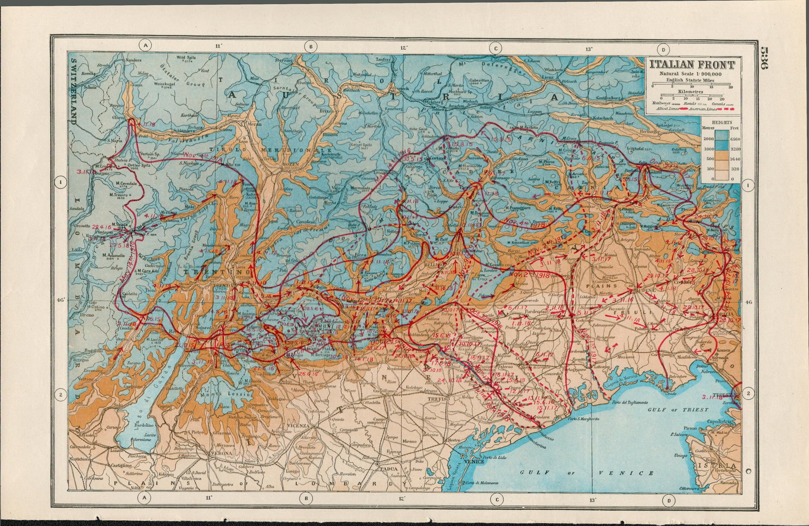 WW1 The Italian Front Coloured Antique Detailed Map 1922.: Title: WW1 The Italian Front Coloured Antique Detailed Map 1922. Description: Removed from an Antique 1922 Harmsworth New Atlas WW1 Supplement. This Single Sheet Measures Approximately 14.5 X