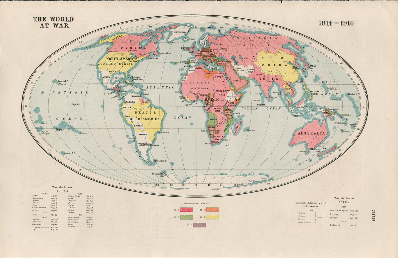 WW1 The World At War 1914-1918 Coloured Antique Detailed Map 1922. (1 of 3)