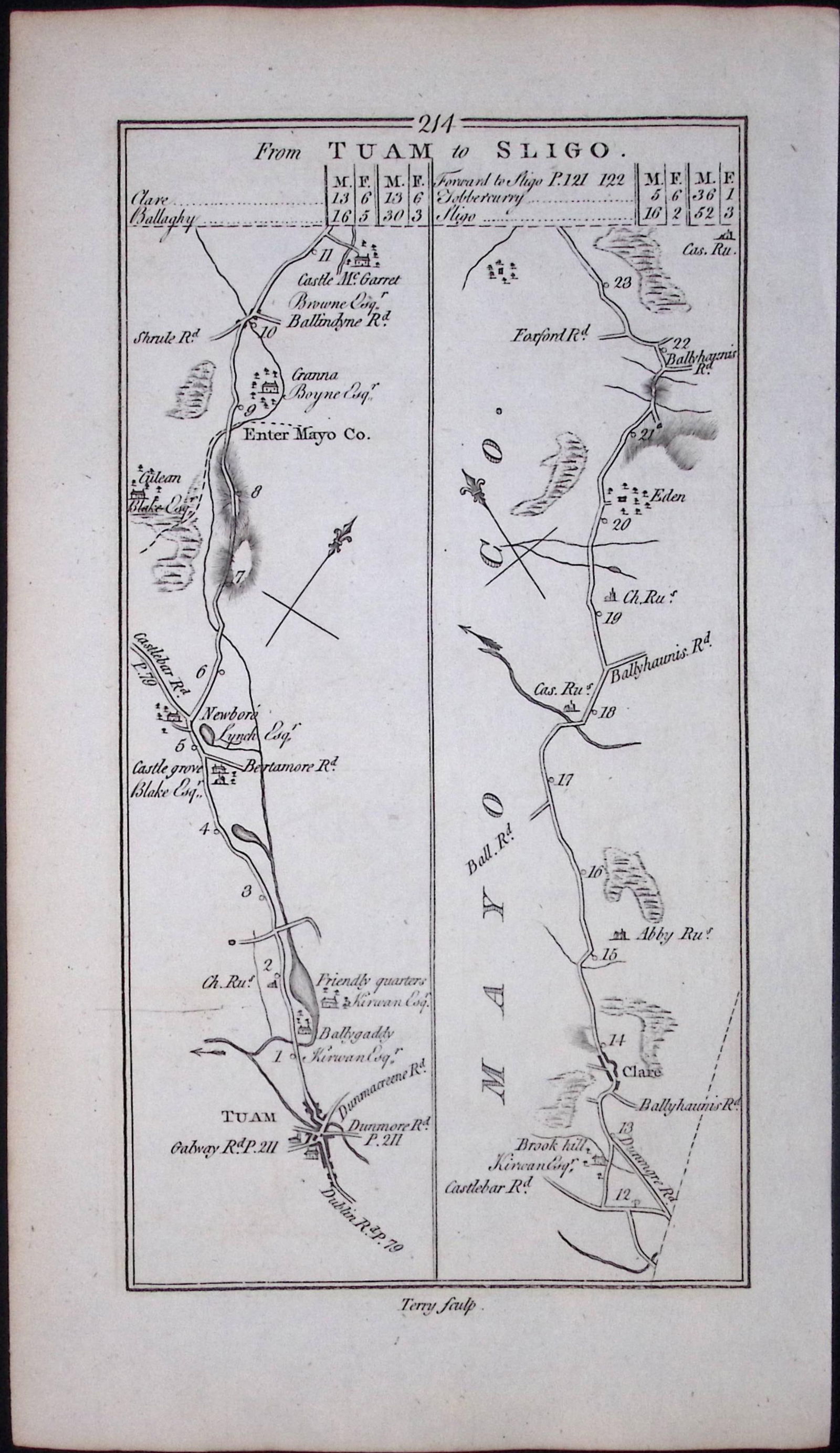 Ireland 245 Years -Old Antique Road Map Tuam Galway to Sligo-214 - 2
