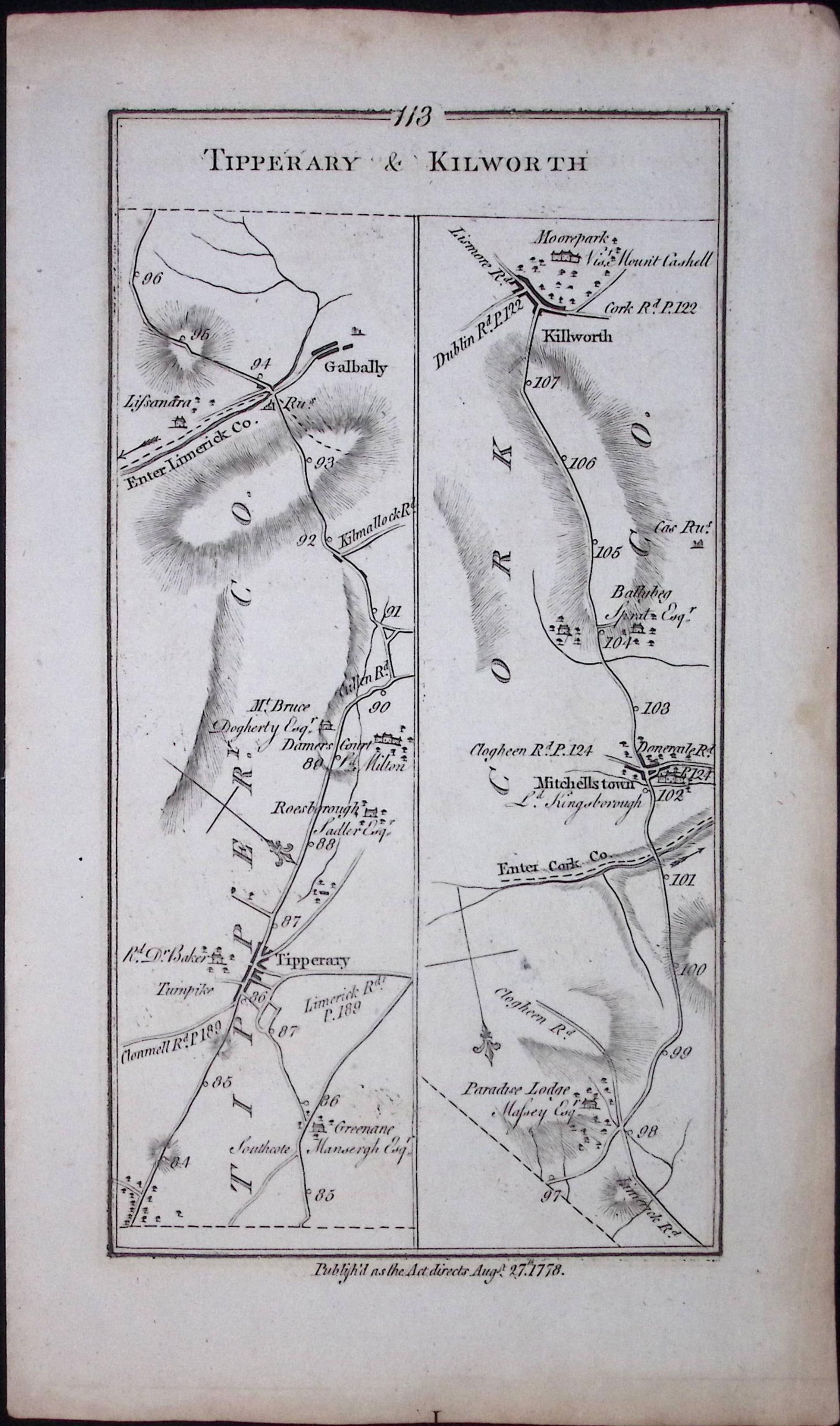 Ireland 245 Years -Old Antique Road Map Tipperary & Kilworth-113 - 2