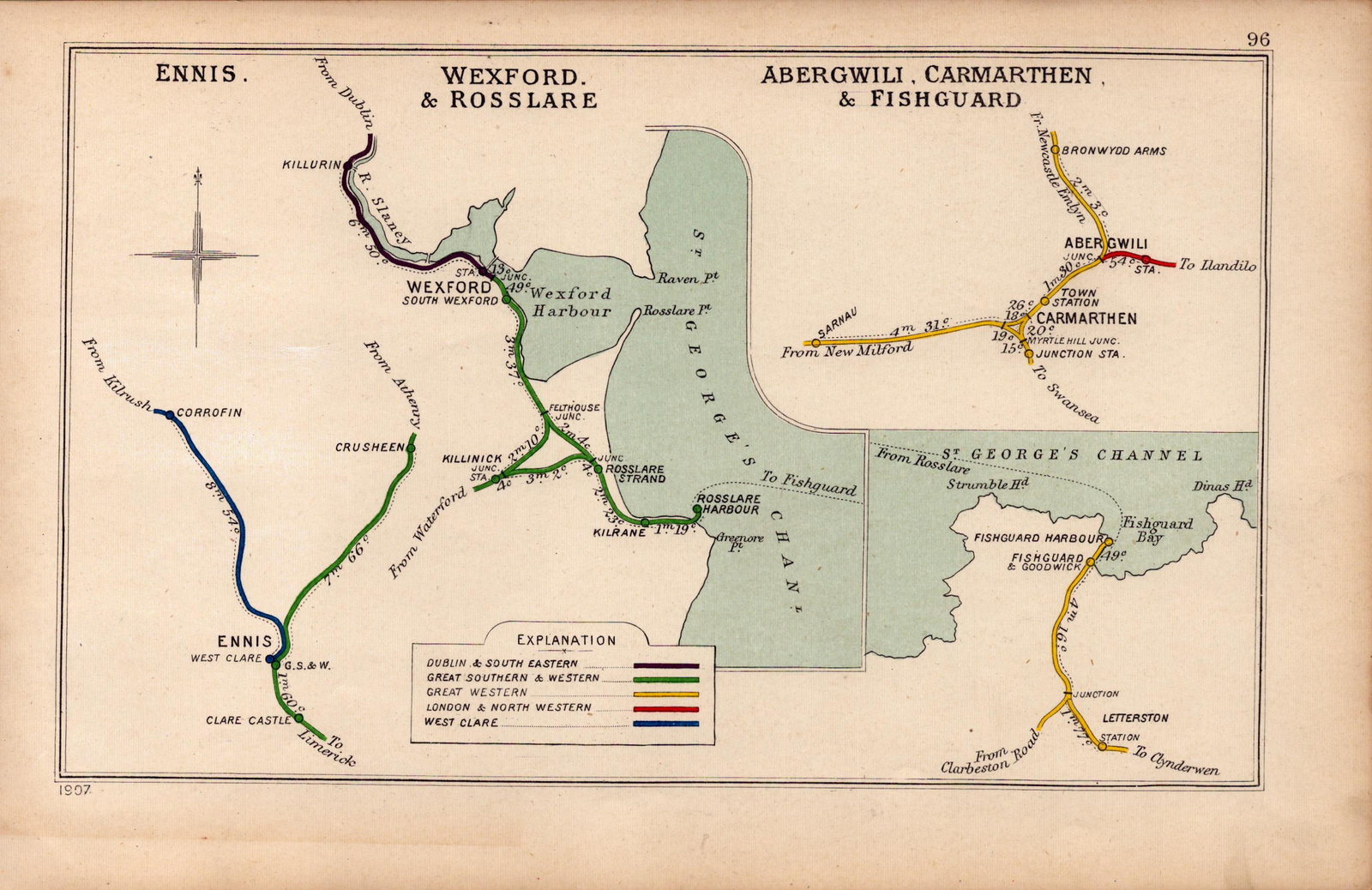 Ennis Wexford & Rosslare Ireland Antique Railway Junctions Diagram-96.: Title: Ennis Wexford & Rosslare Ireland Antique Railway Junctions Diagram-96. Description: This Antique Railway Junction Diagram Has Been Removed from a Copy of.