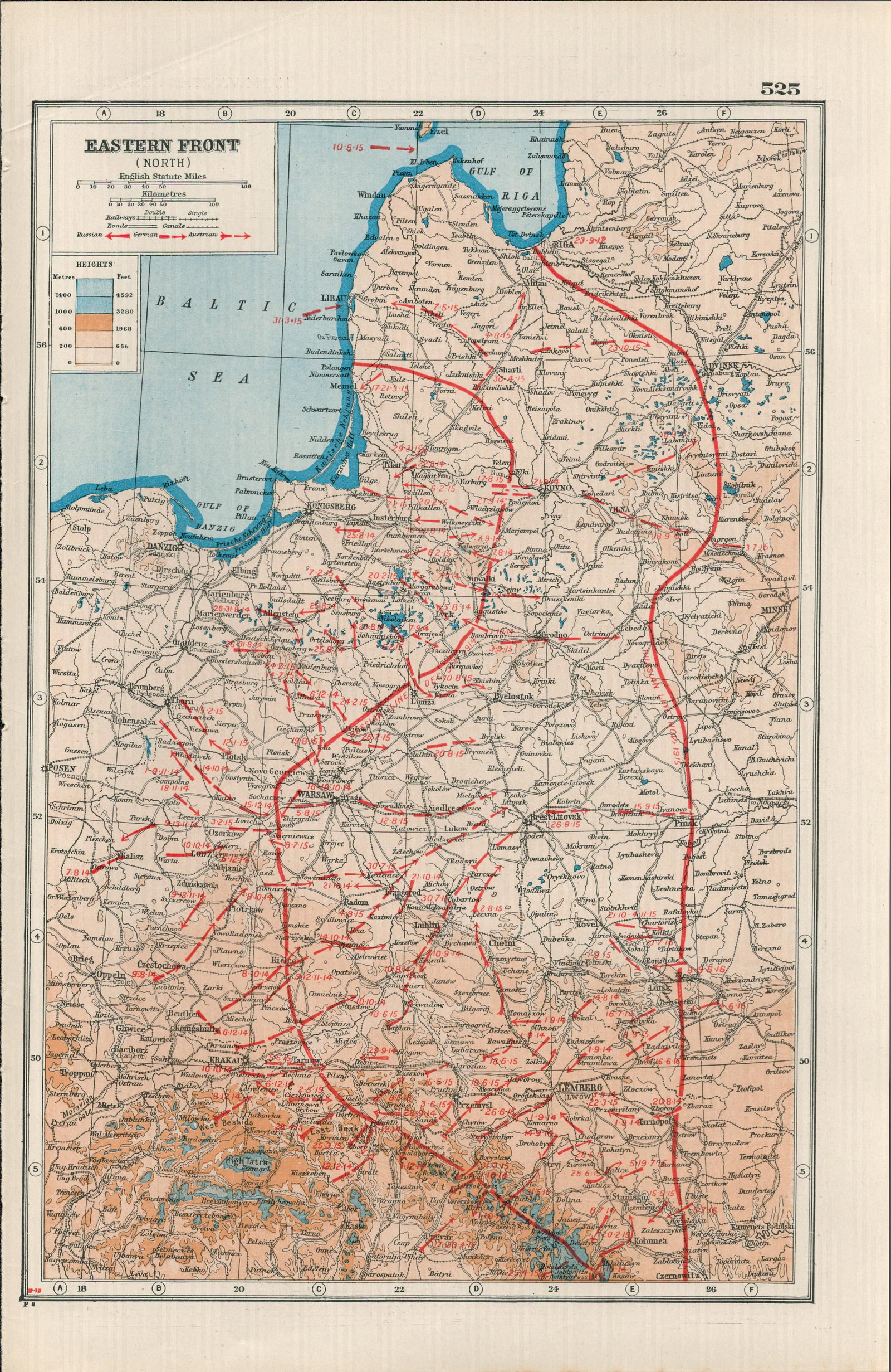 WW 1 Battle Lines Eastern Front Northern Area Coloured Detailed Antique Map 1922. (1 of 2)