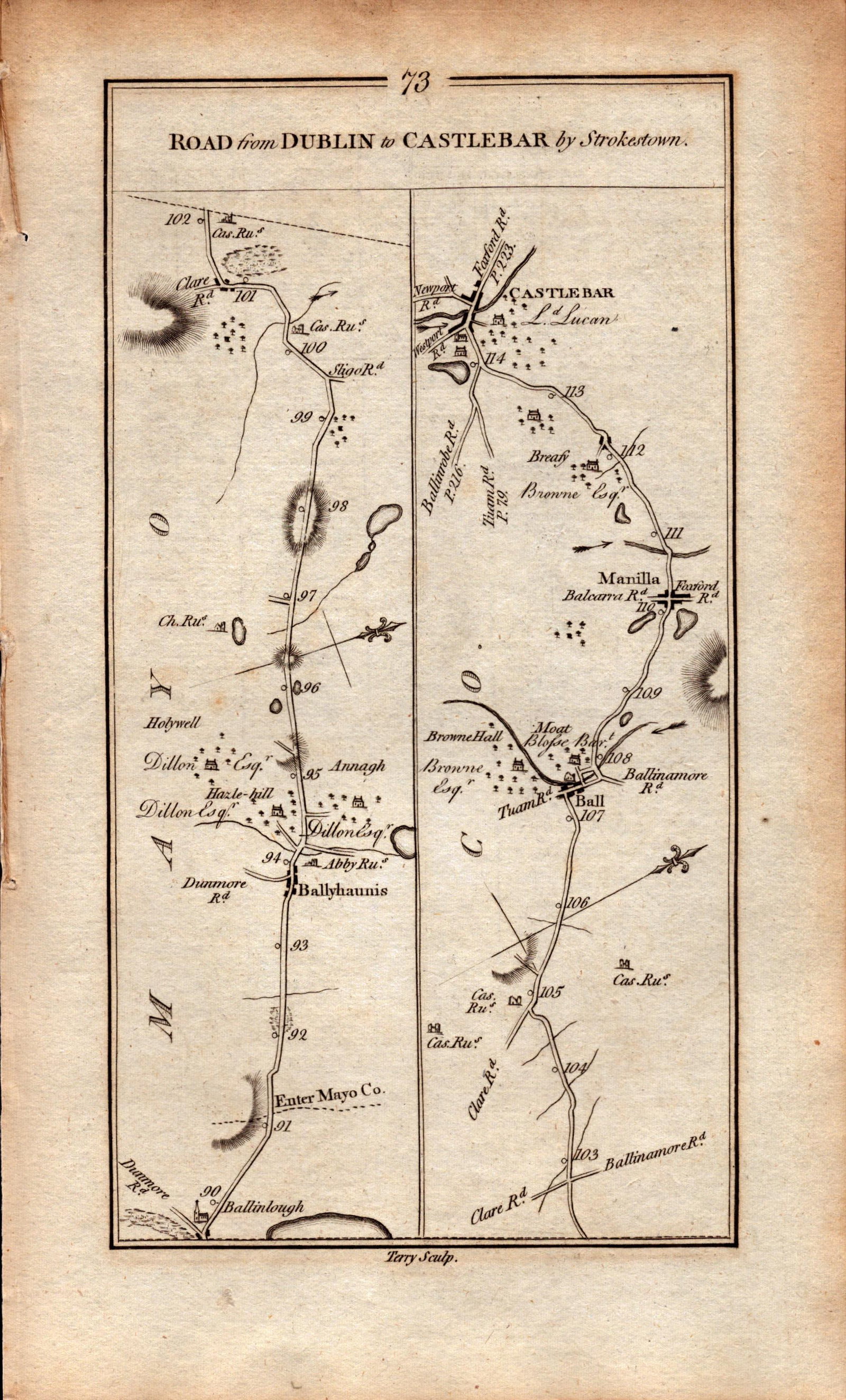 Ireland Rare Antique 1777 Road Map Dublin To Galway By Athlone - 2
