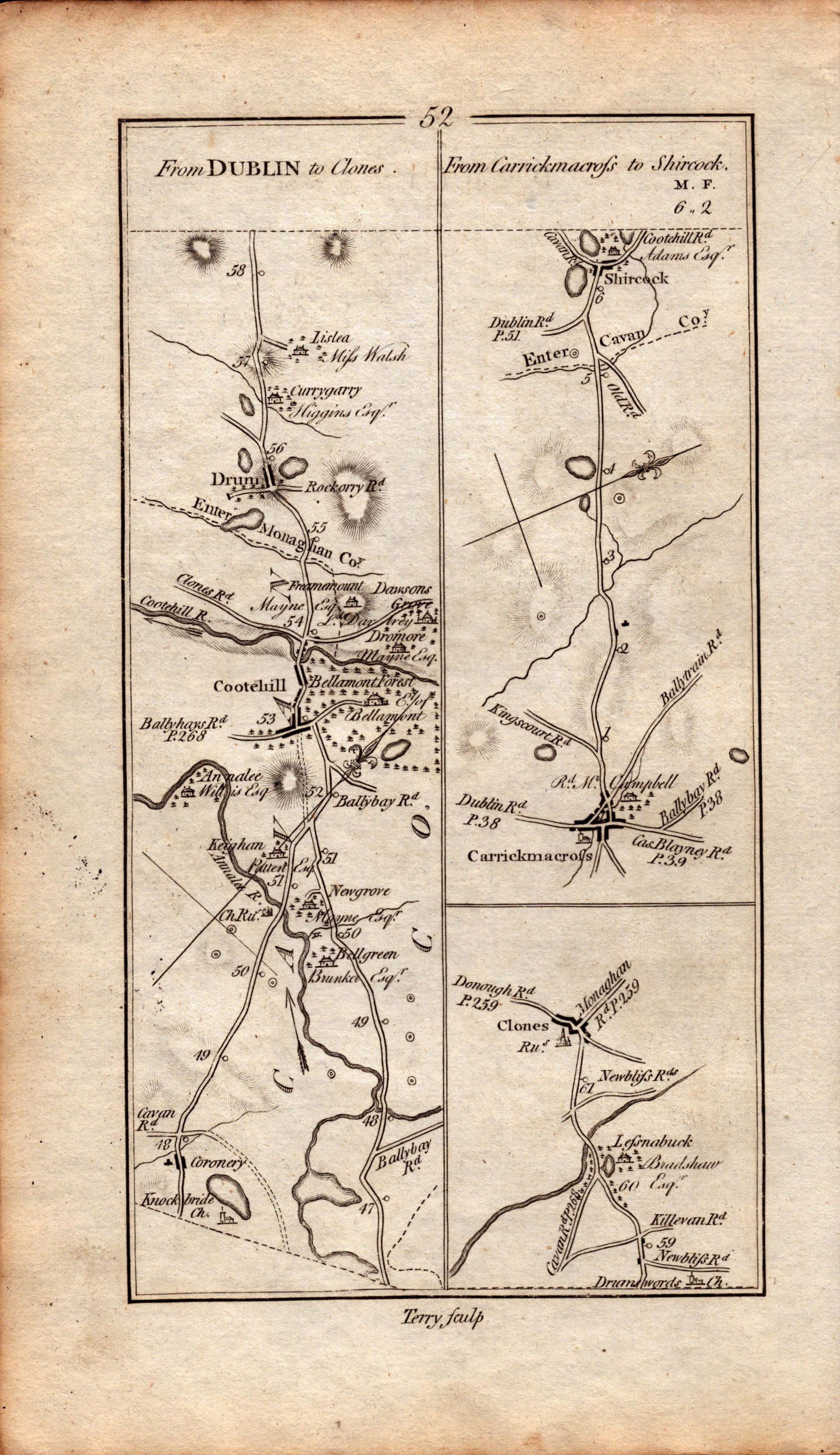 Ireland Rare Antique 1777 Road Map Dublin to Clones Carrickmacross Monaghan-52: Title: Ireland Rare Antique 1777 Road Map Dublin to Clones Carrickmacross Monaghan-52 Description: This Rare Irish Road Map Has Been Removed from a First Edition Copy of.