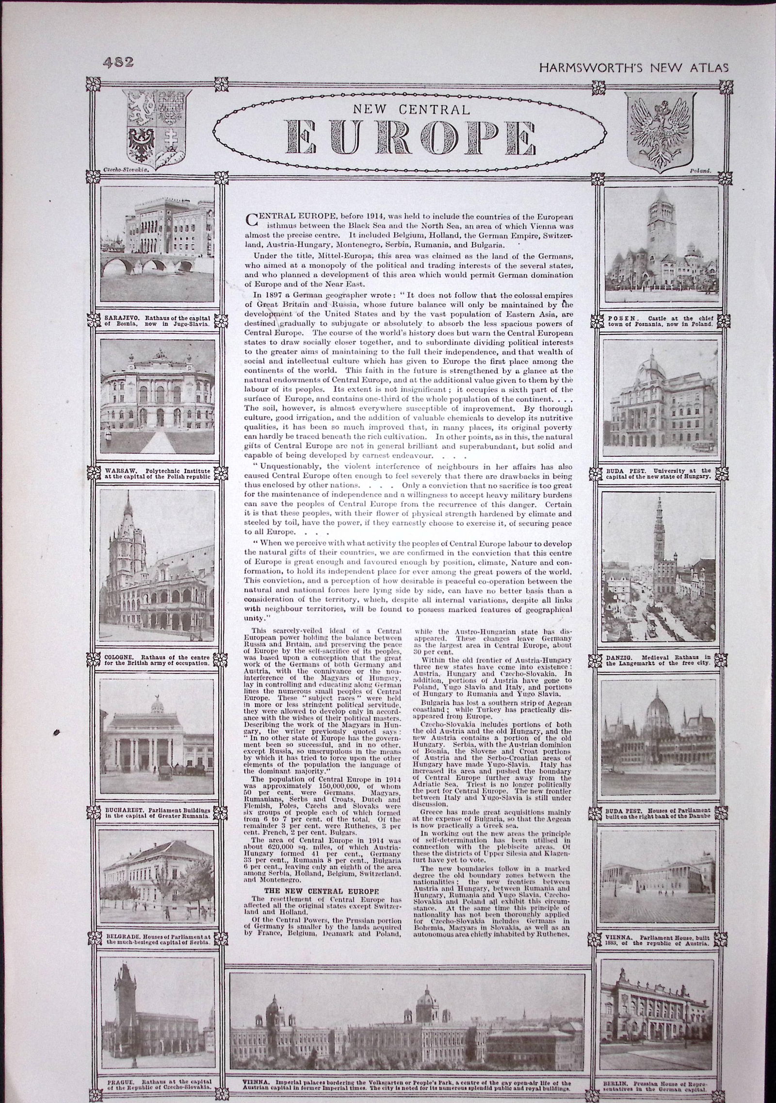 WW1 The Great War Central Europe Coloured Antique Detailed Map 1922. - 2