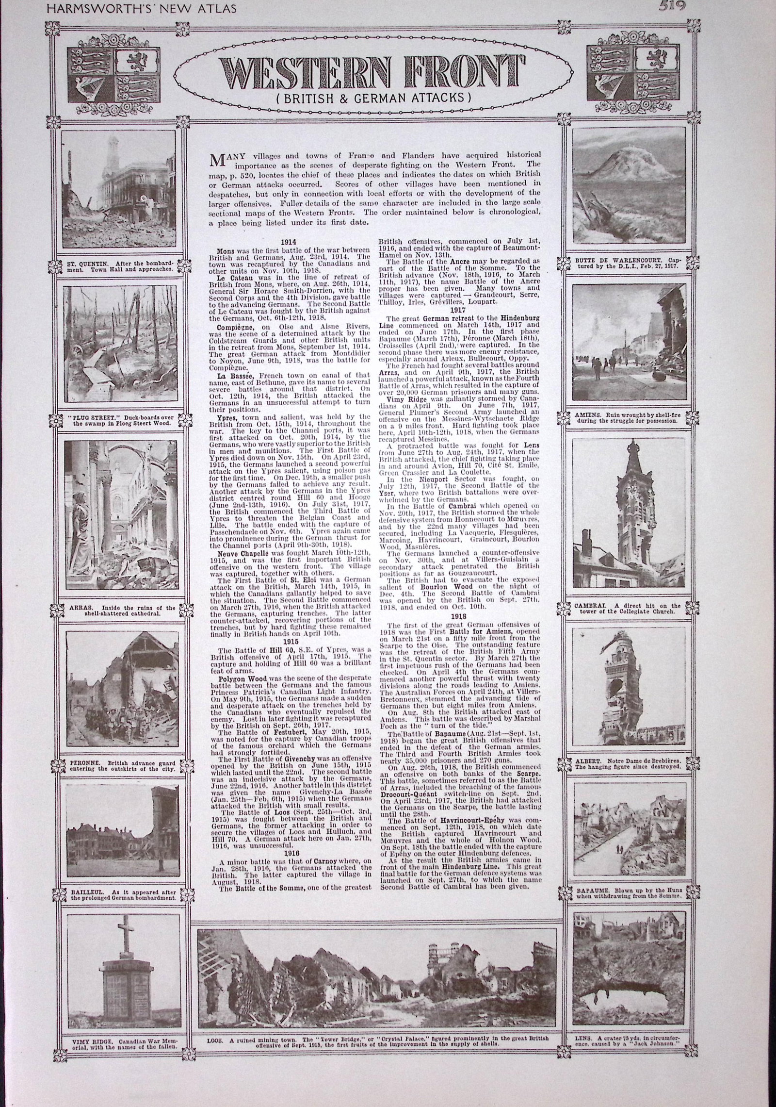 WW 1 Battle Lines Western Front British & German Detailed Lines Antique Map 1922. - 2