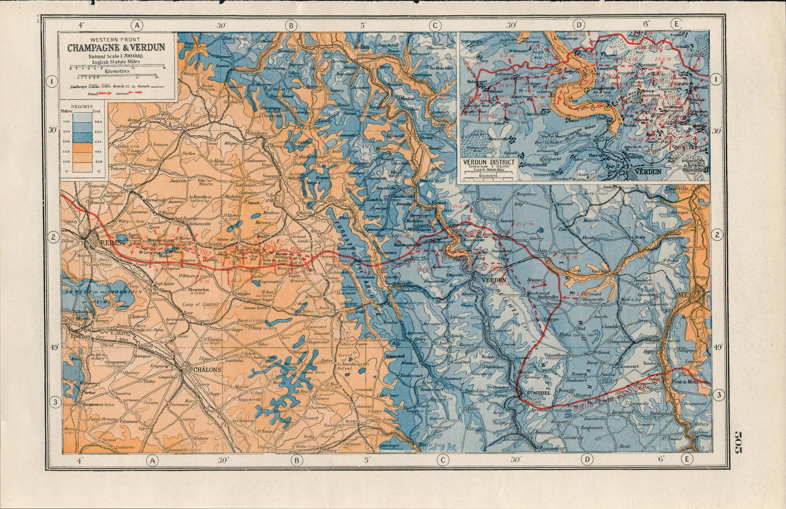 WW1 Battle Lines Western Front Champagne & Verdun Antique Coloured Detailed Map 1922.: Title: WW1 Battle Lines Western Front Champagne & Verdun Antique Coloured Detailed Map 1922. Description: Removed from an Antique 1922 Harmsworth New Atlas WW1 Supplement.