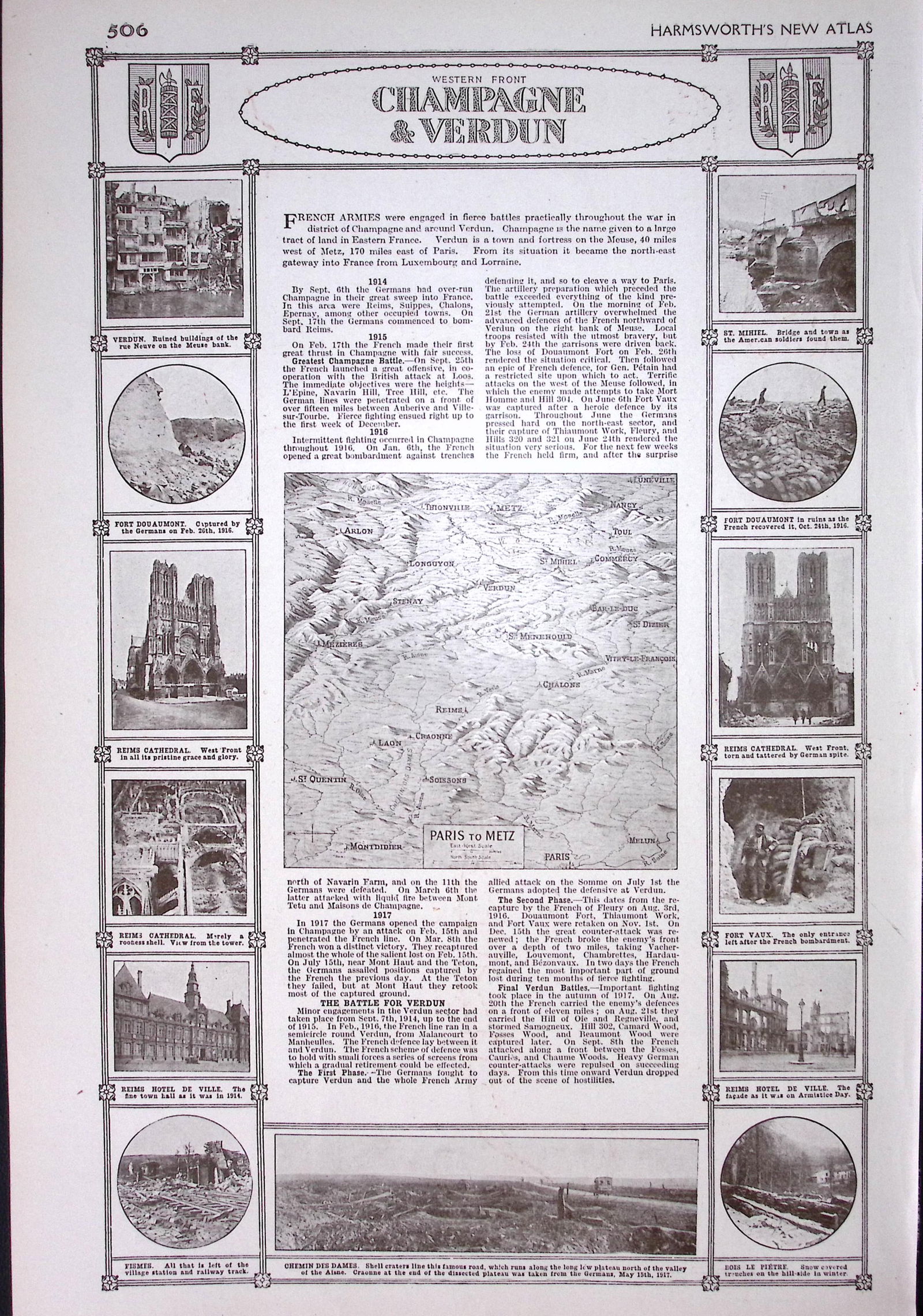 WW1 Battle Lines Western Front Champagne & Verdun Antique Coloured Detailed Map 1922. - 2