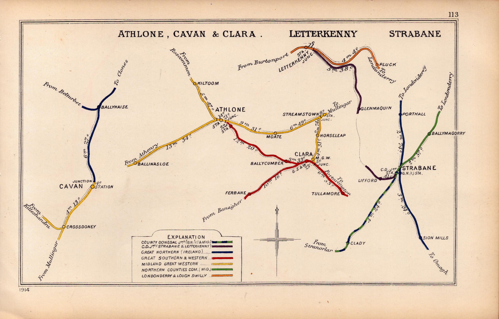 Athlone Cavan Letterkenny Strabane Ireland Antique Railway Diagram-113. (1 of 2)
