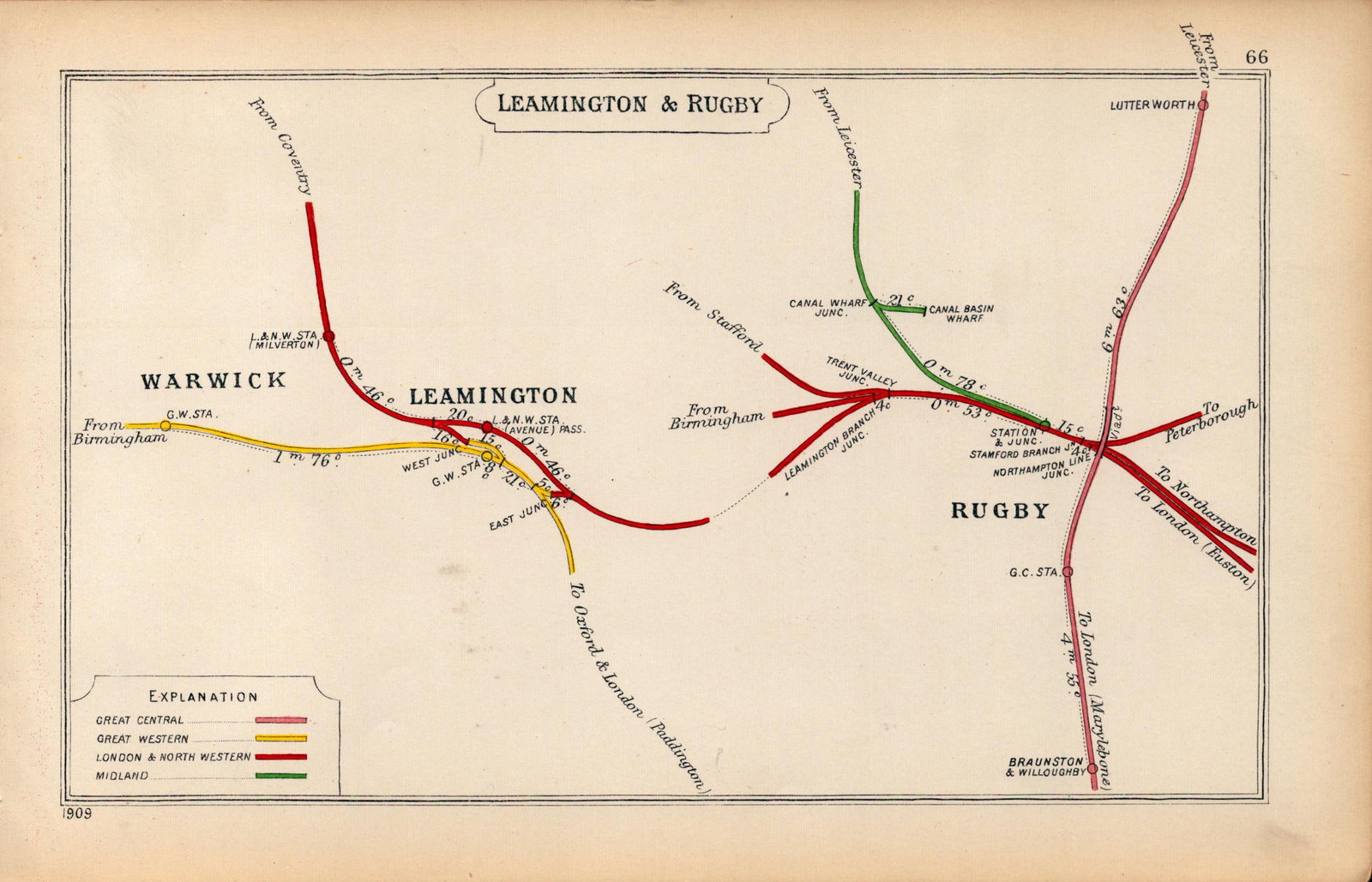 Leamington Spa & Rugby Detailed Antique Railway Diagram-66.: Title: Leamington Spa & Rugby Detailed Antique Railway Diagram-66. Description: This Antique Railway Junction Diagram Has Been Removed from a Copy of. 1920 Railway Clearing House and Was