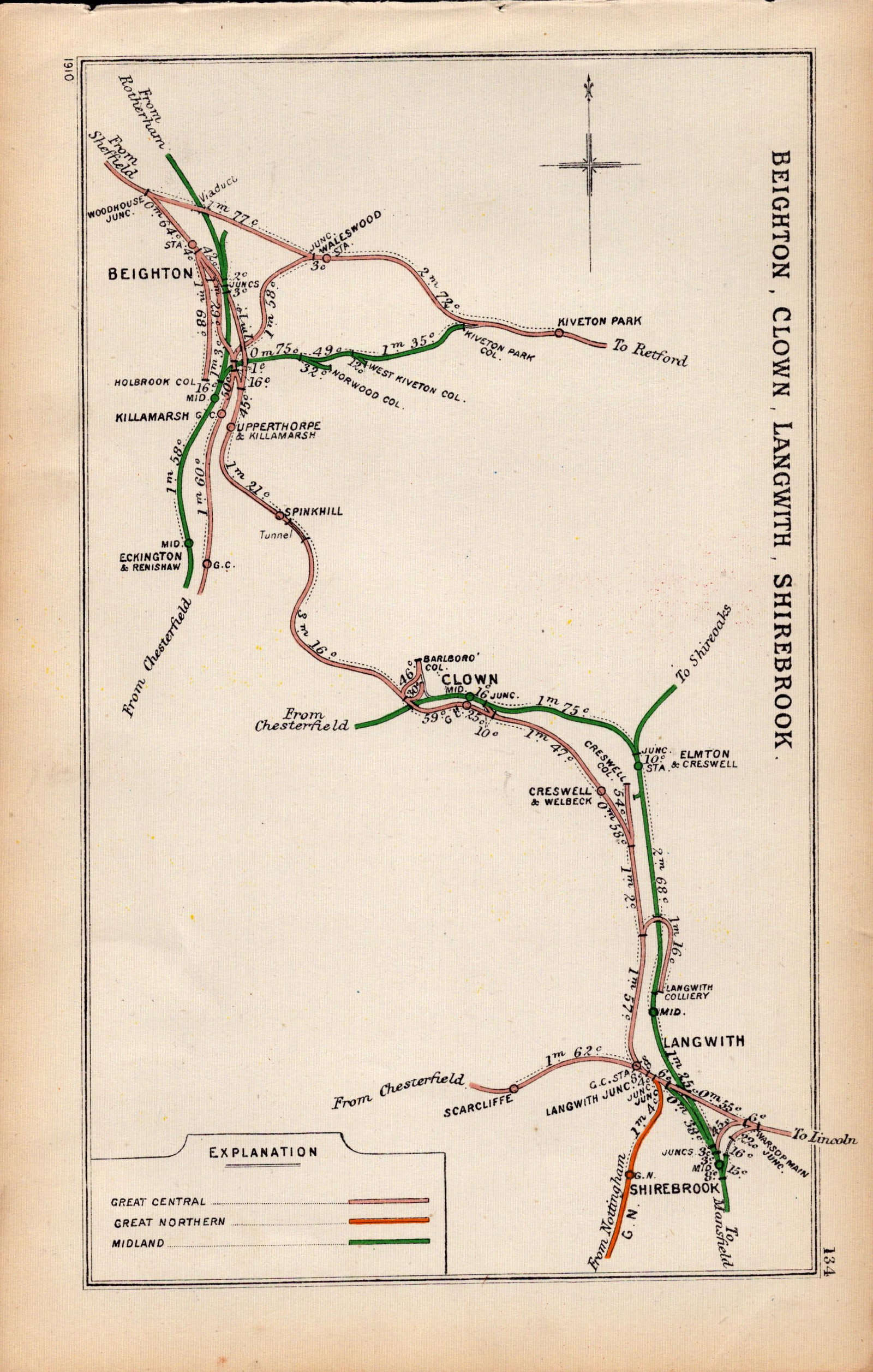 Beighton, Clown, Shirebook, Derbyshire Antique Railway Diagram-134. (1 of 2)