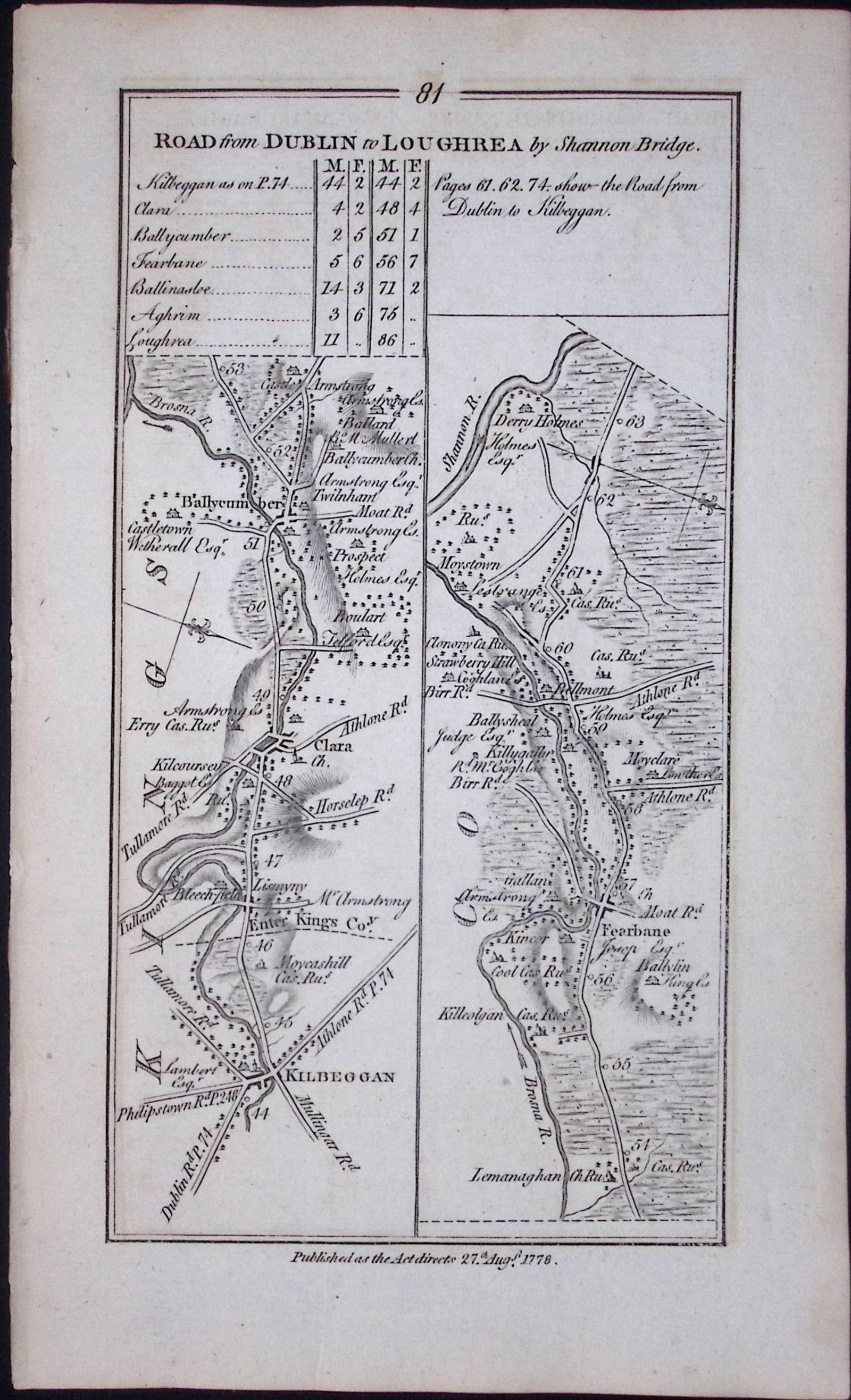Ireland 245 Years -Old Antique Road Map Dublin to Loughrea Galway-82 - 2