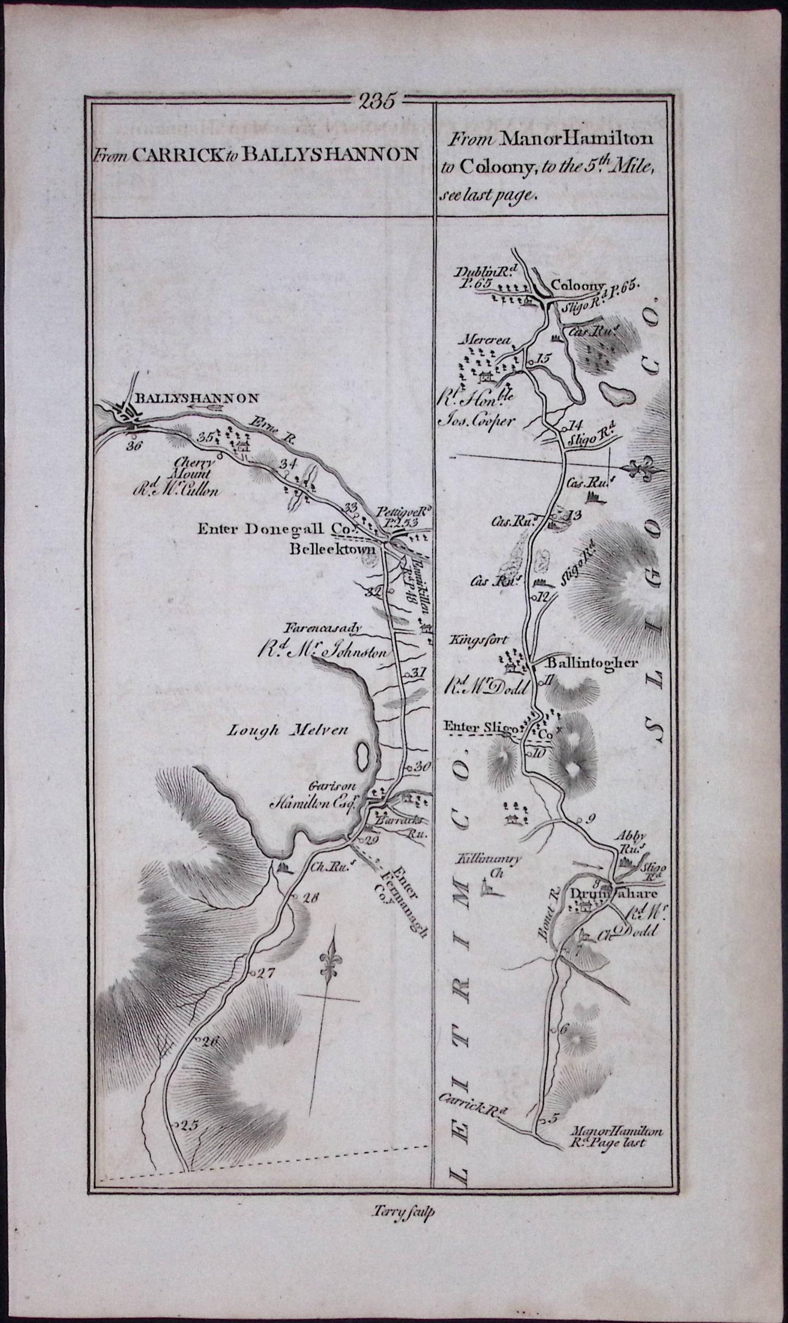 Ireland 245 Years -Old Antique Road Map From Carrick to Ballyshannon-236: Title: Ireland 245 Years -Old Antique Road Map From Carrick to Ballyshannon-236 Description: This Rare Irish Road Map Has Been Removed from a First Edition Copy of. Taylor & Skinners 1777