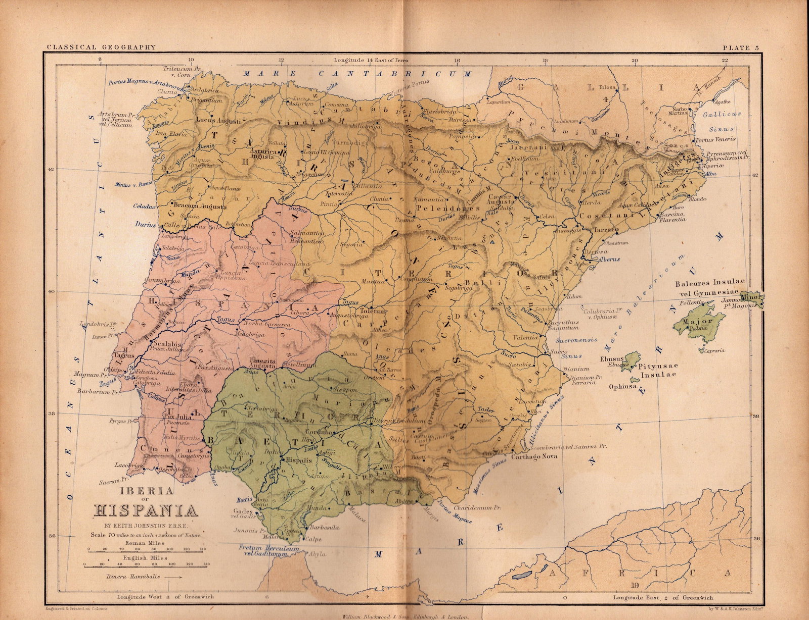 Antique 1867 Coloured Classical Geography Map Iberia Or Hispania.: Title: Antique 1867 Coloured Classical Geography Map Iberia Or Hispania. Description: This Map Has Been Removed from an Antique Edition of. AK Johnston Classical Ge